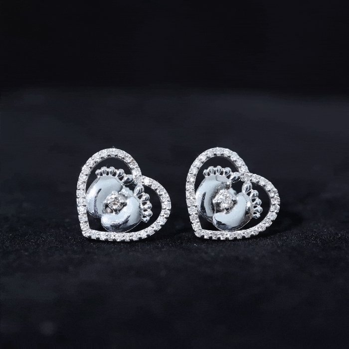 Rosec Jewels-Diamond Heart Stud Earrings with Gold Baby Feet