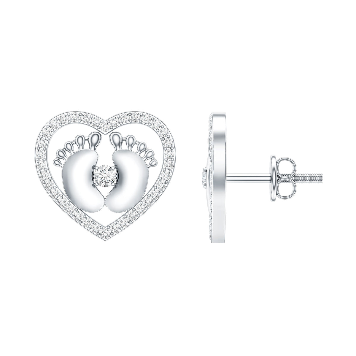Diamond Heart Stud Earrings with Baby Feet Lab - ( EF-VS ) - Rosec Jewels