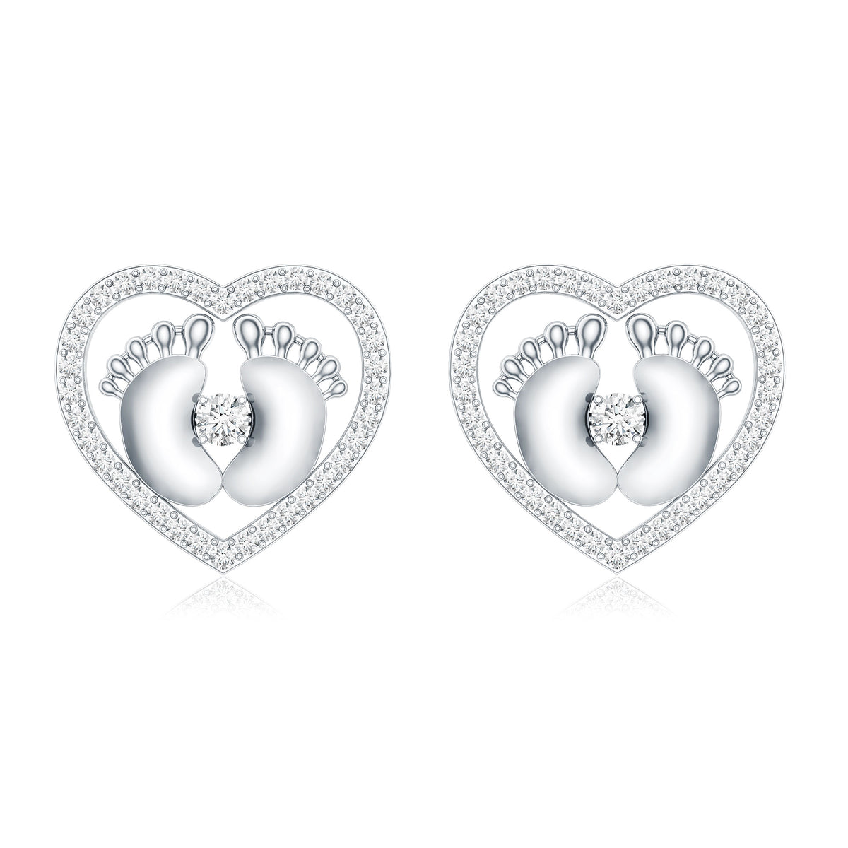 Diamond Heart Stud Earrings with Baby Feet Lab - ( EF-VS ) - Rosec Jewels