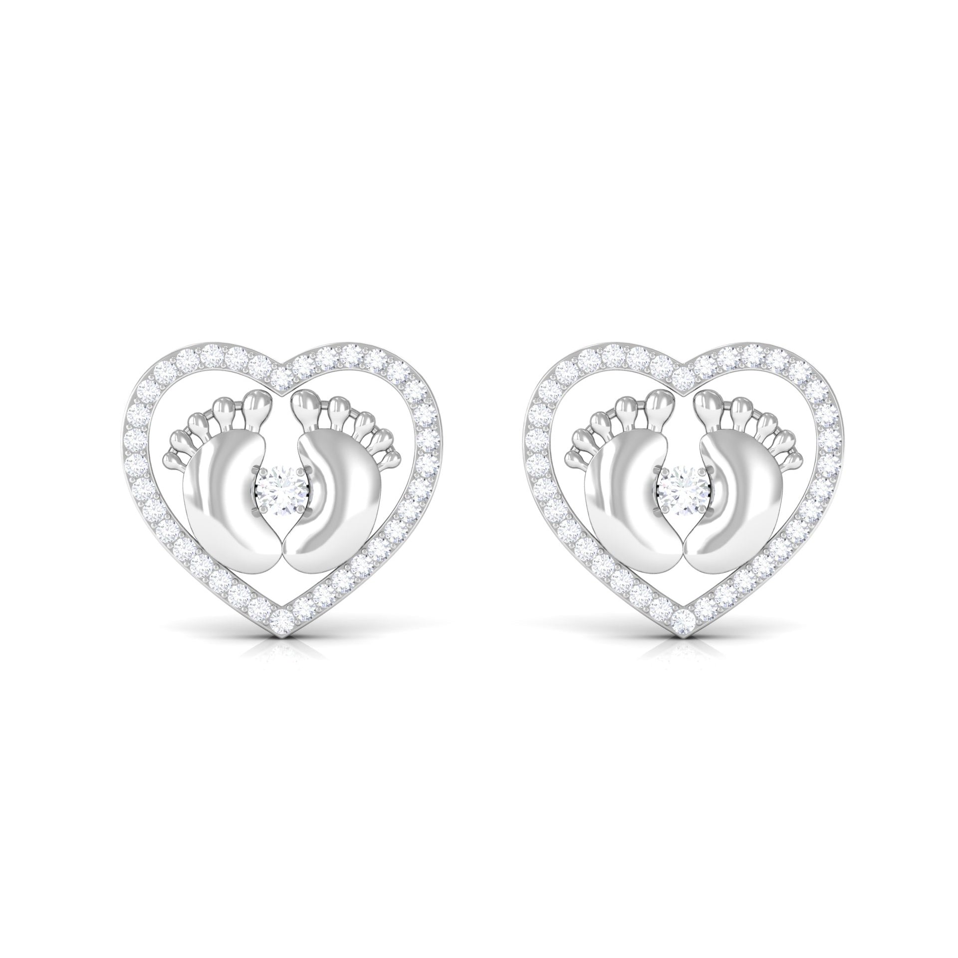 Rosec Jewels-Diamond Heart Stud Earrings with Gold Baby Feet