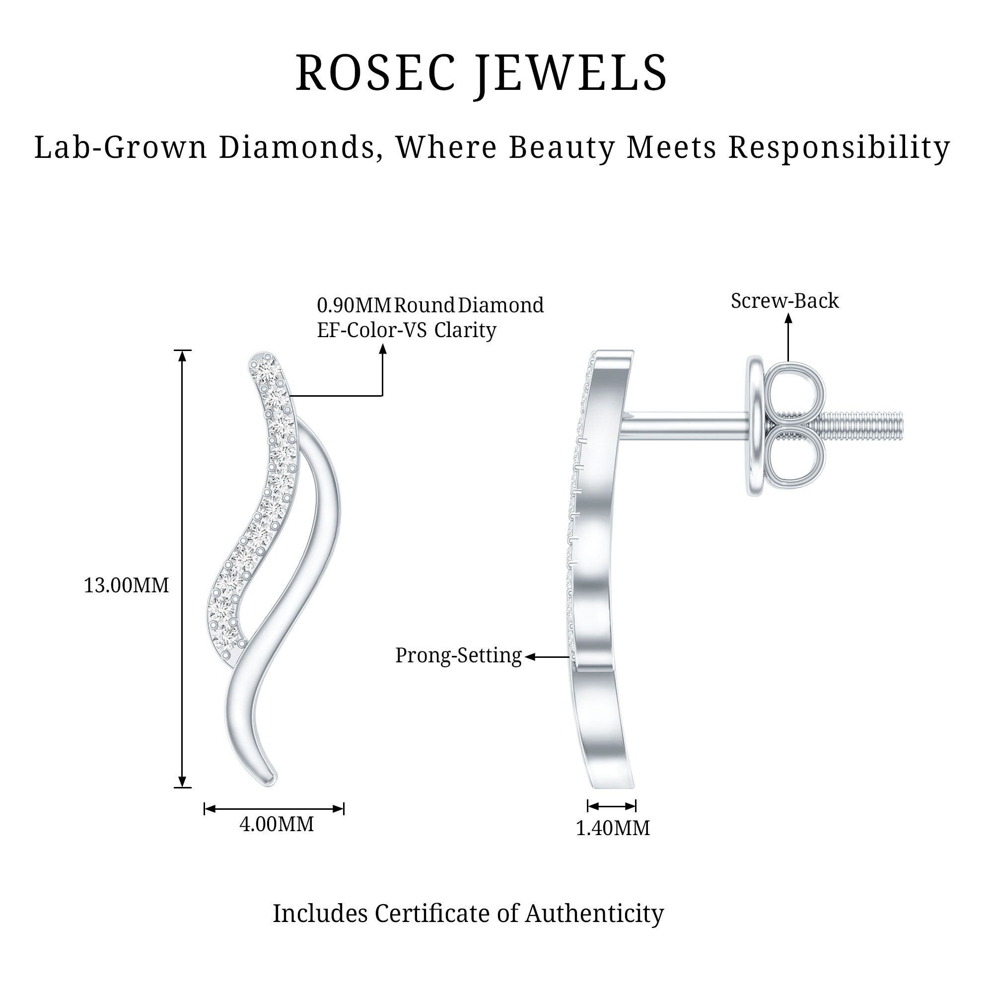 Prong Set Diamond Leaf Stud Earrings for Women Lab - ( EF-VS ) - Rosec Jewels