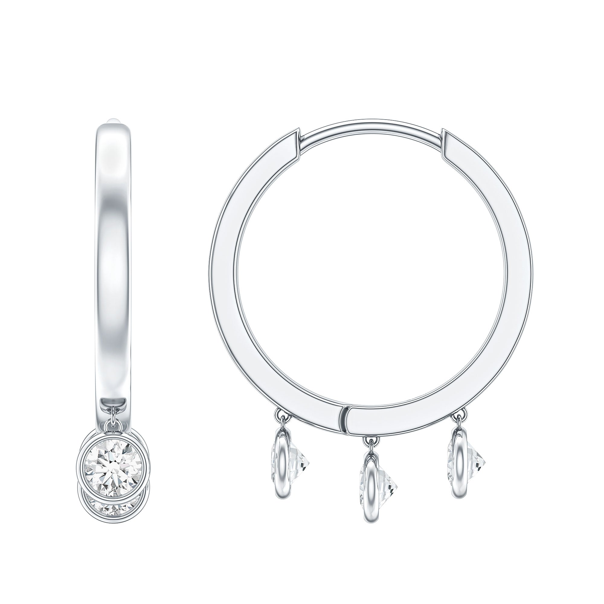 Natural 3 Stone Diamond Drop Hoop Earrings