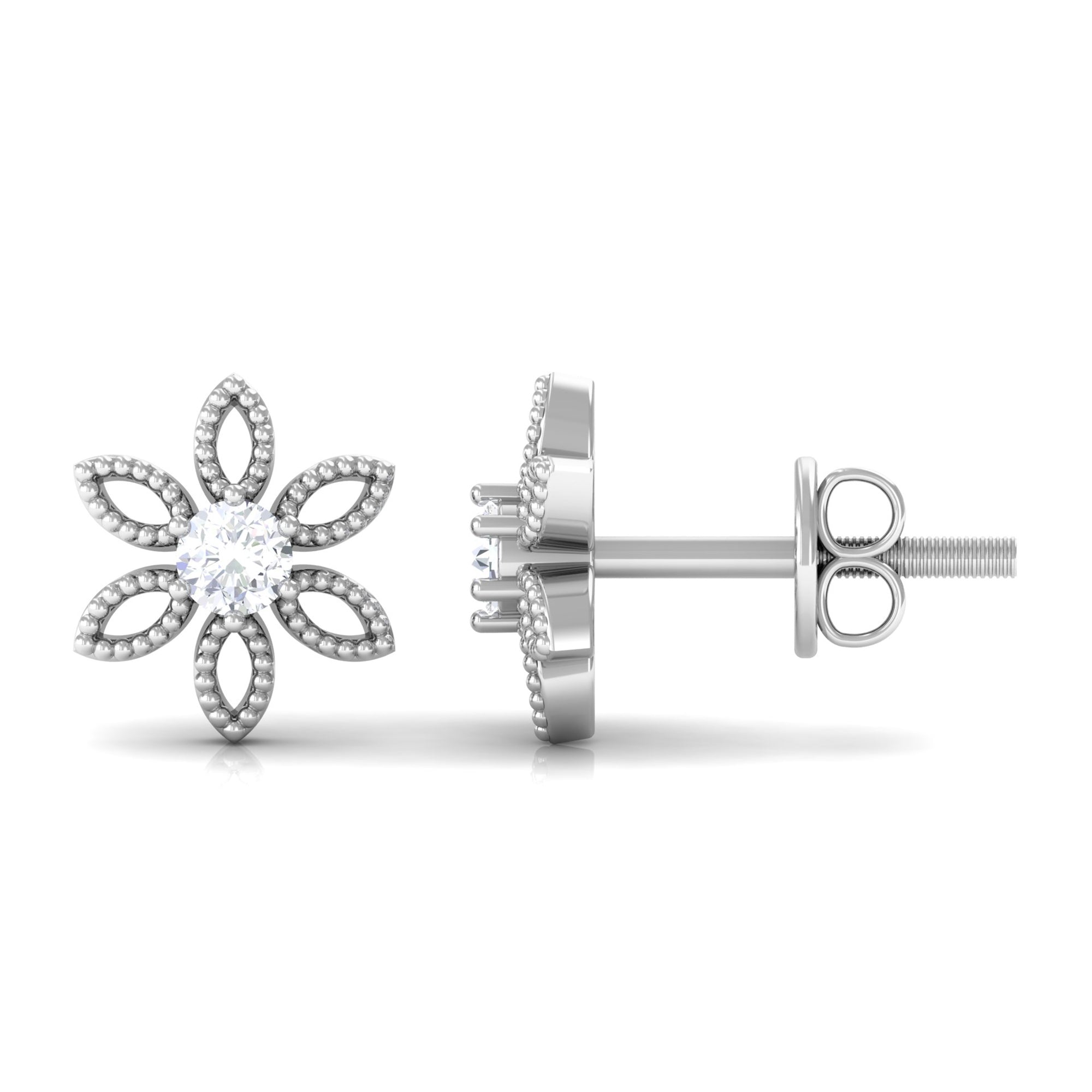 Rosec Jewels-Round Cut Diamond Flower Stud Earrings with Beaded