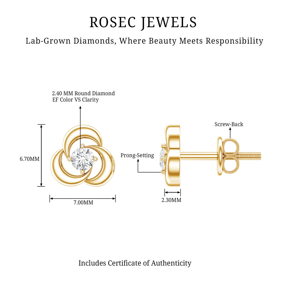 Diamond Swirl Stud Earring with Screw Back Lab - ( EF-VS ) - Rosec Jewels