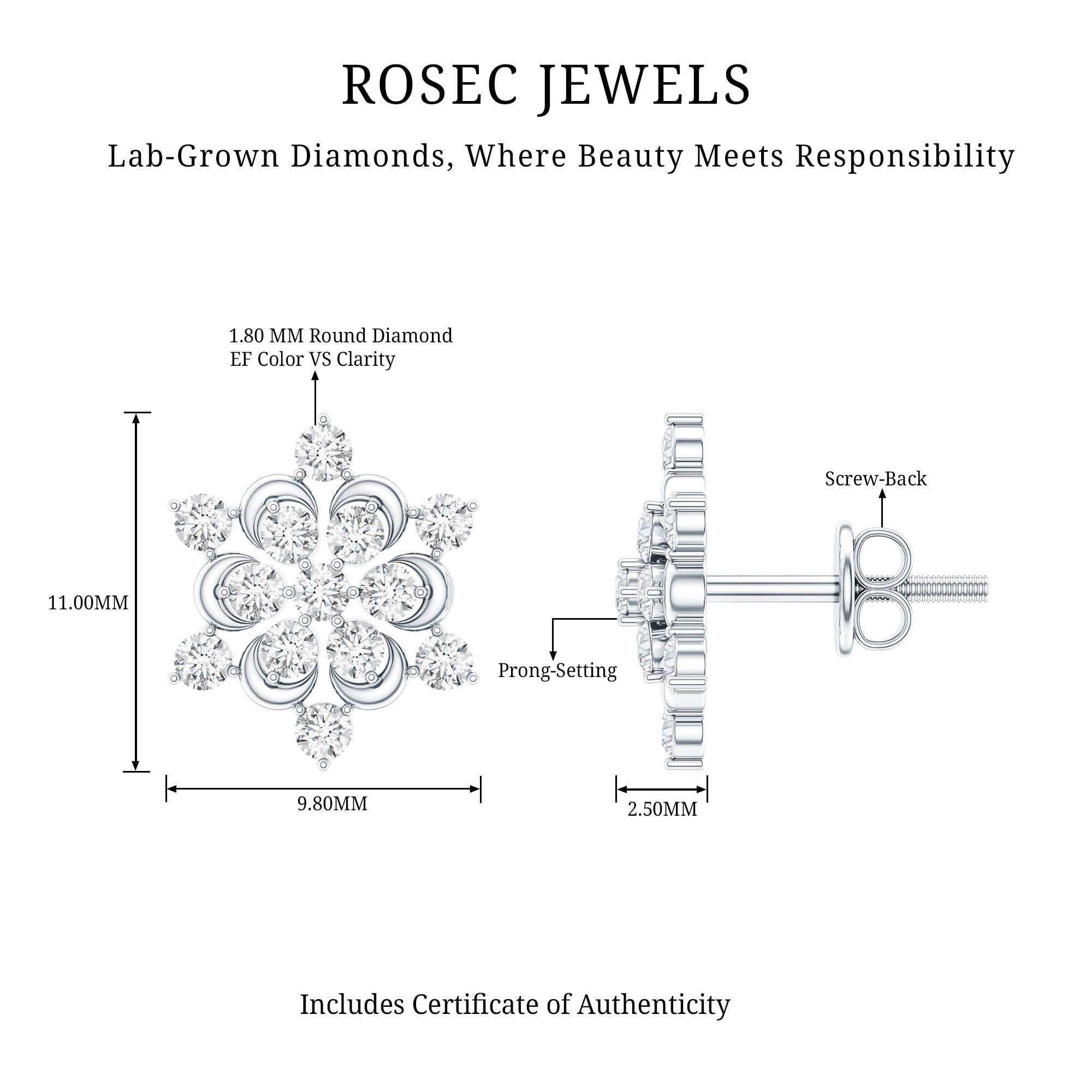 Certified Diamond Snowflake Stud Earrings Lab - ( EF-VS ) - Rosec Jewels
