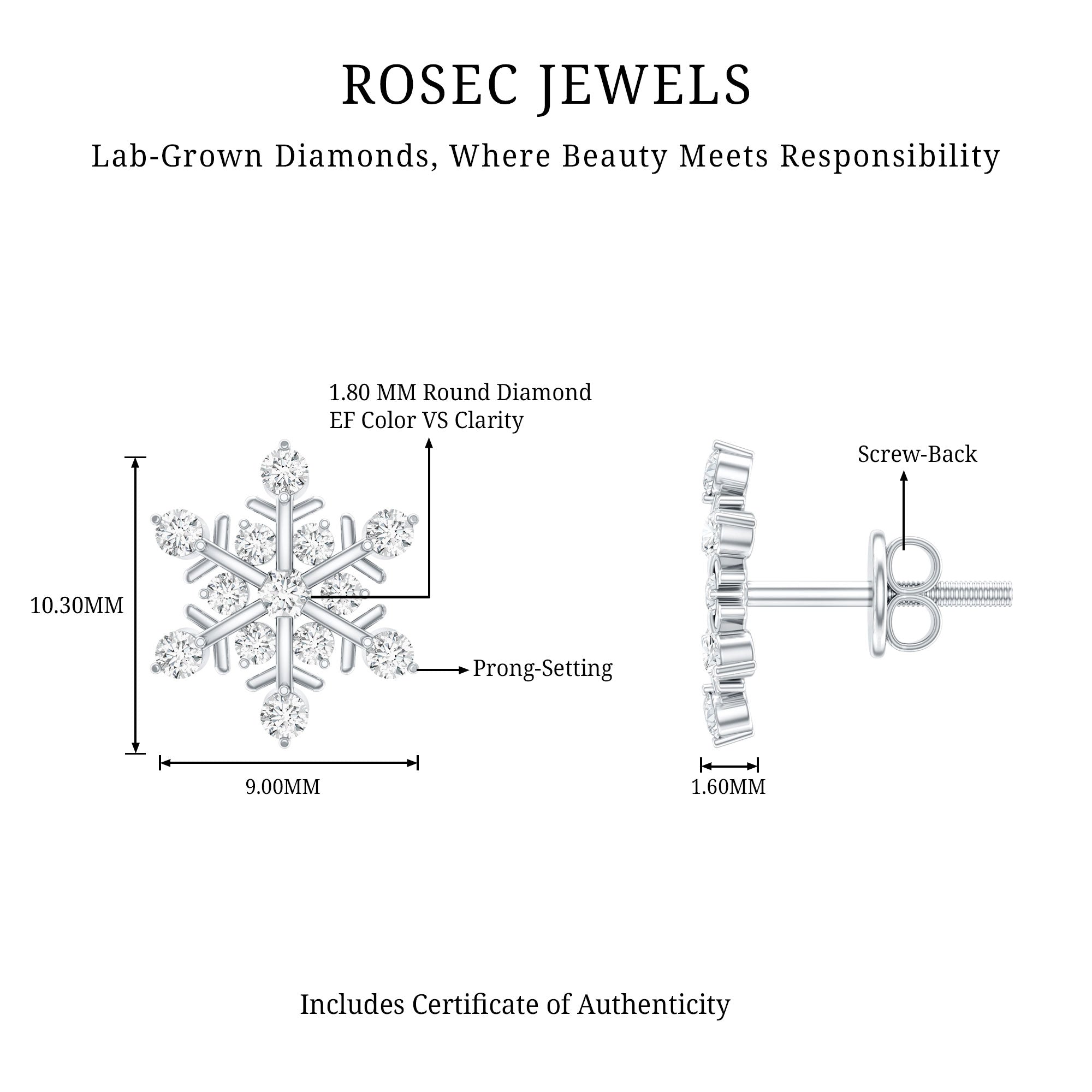Certified Diamond Snowflake Stud Earrings with Screw Back Lab - ( EF-VS ) - Rosec Jewels