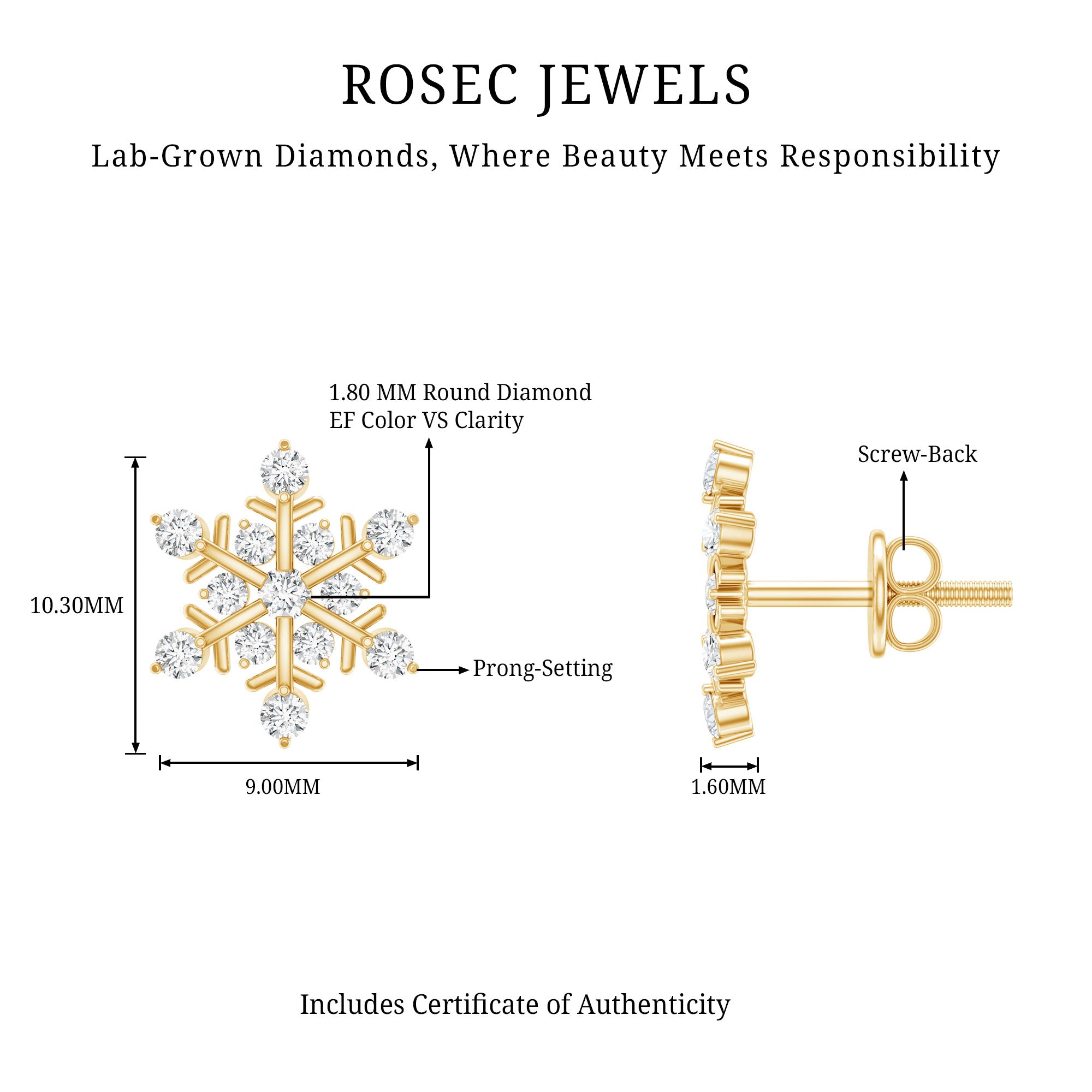 Certified Diamond Snowflake Stud Earrings with Screw Back Lab - ( EF-VS ) - Rosec Jewels