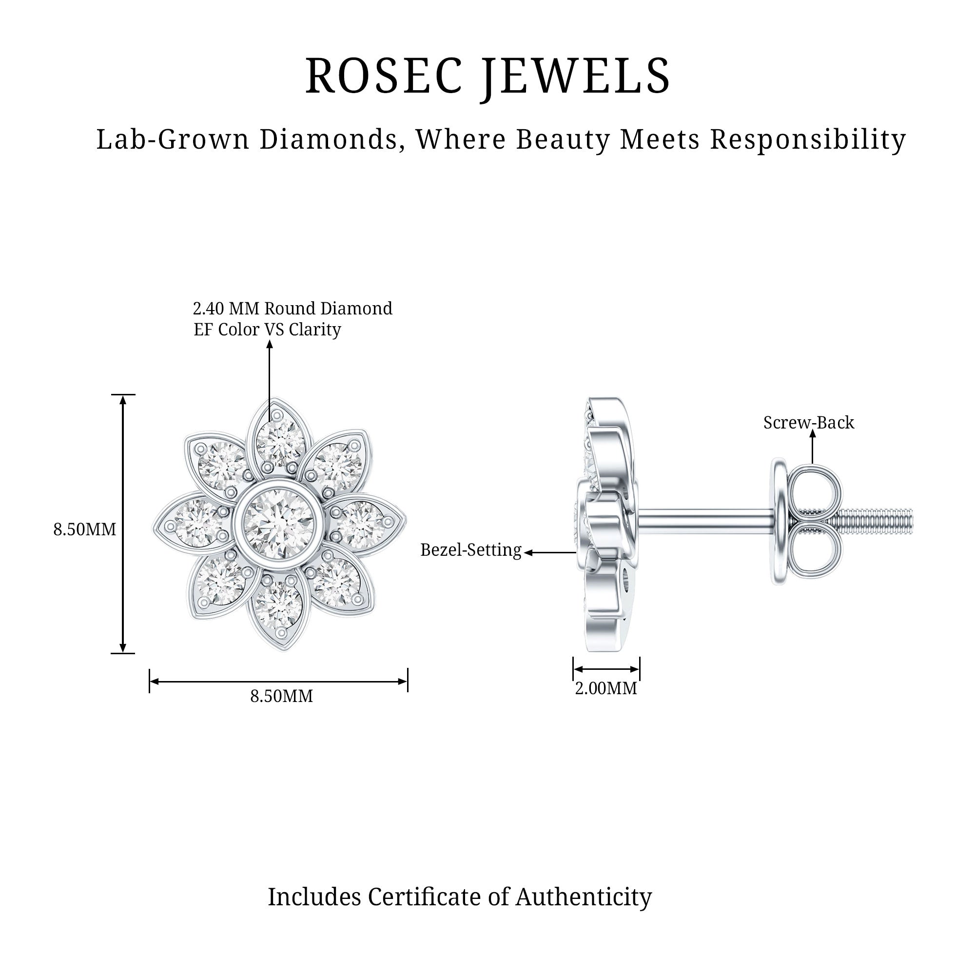 Diamond Flower Stud Earrings With Screw Back Lab - ( EF-VS ) - Rosec Jewels
