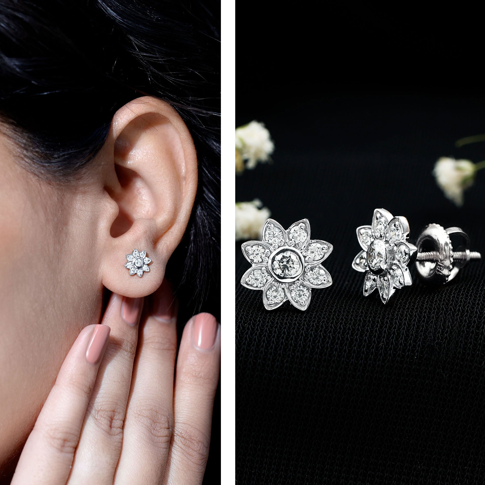 Diamond Flower Stud Earrings With Screw Back Lab - ( EF-VS ) - Rosec Jewels