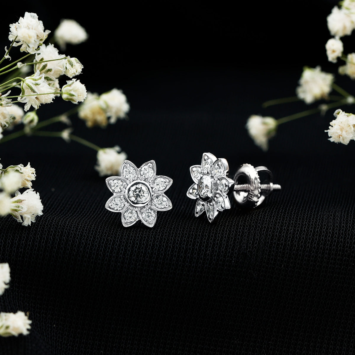 Diamond Flower Stud Earrings With Screw Back Lab - ( EF-VS ) - Rosec Jewels