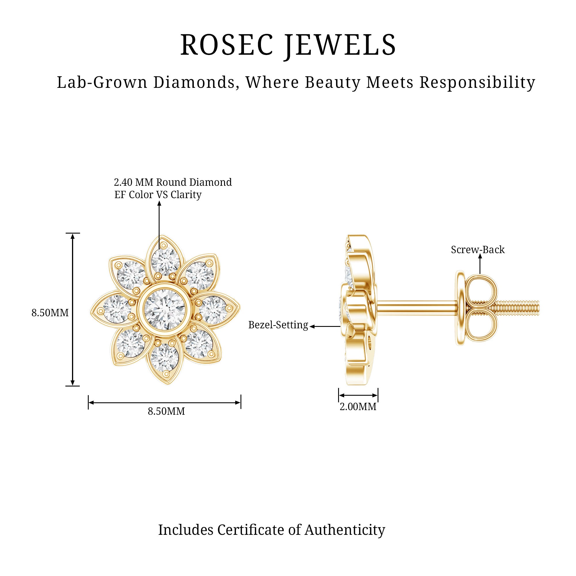 Diamond Flower Stud Earrings With Screw Back Lab - ( EF-VS ) - Rosec Jewels