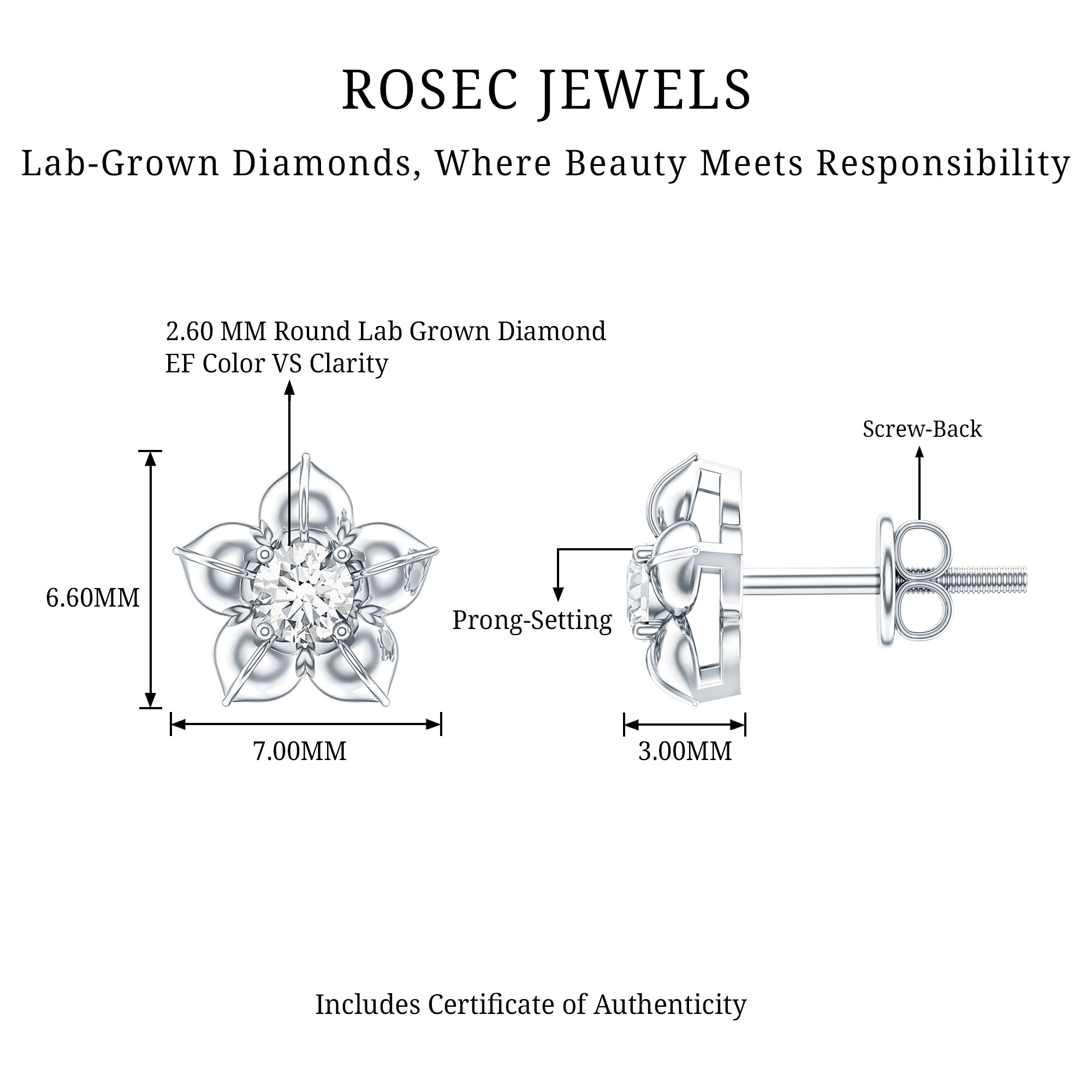 Diamond Flower Petal Stud Earrings in Prong Setting Lab - ( EF-VS ) - Rosec Jewels