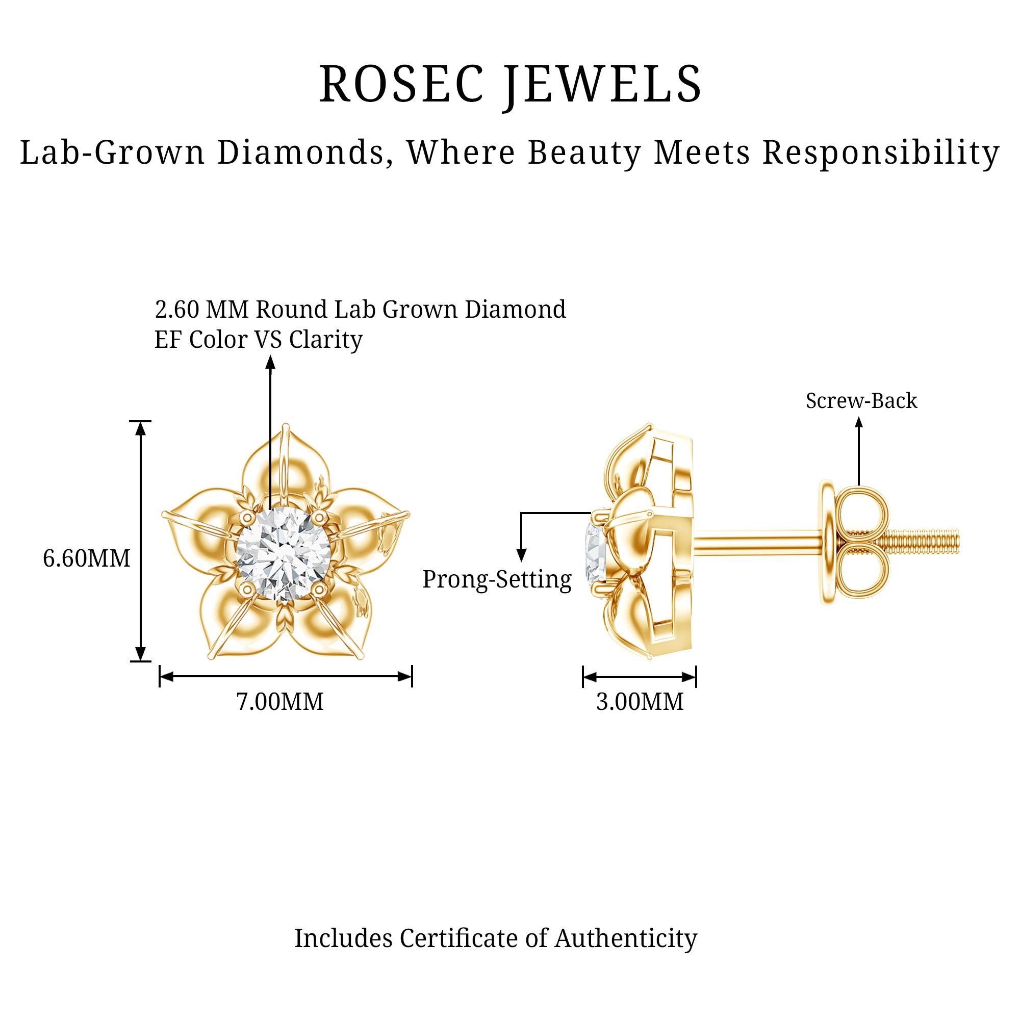Diamond Flower Petal Stud Earrings in Prong Setting Lab - ( EF-VS ) - Rosec Jewels