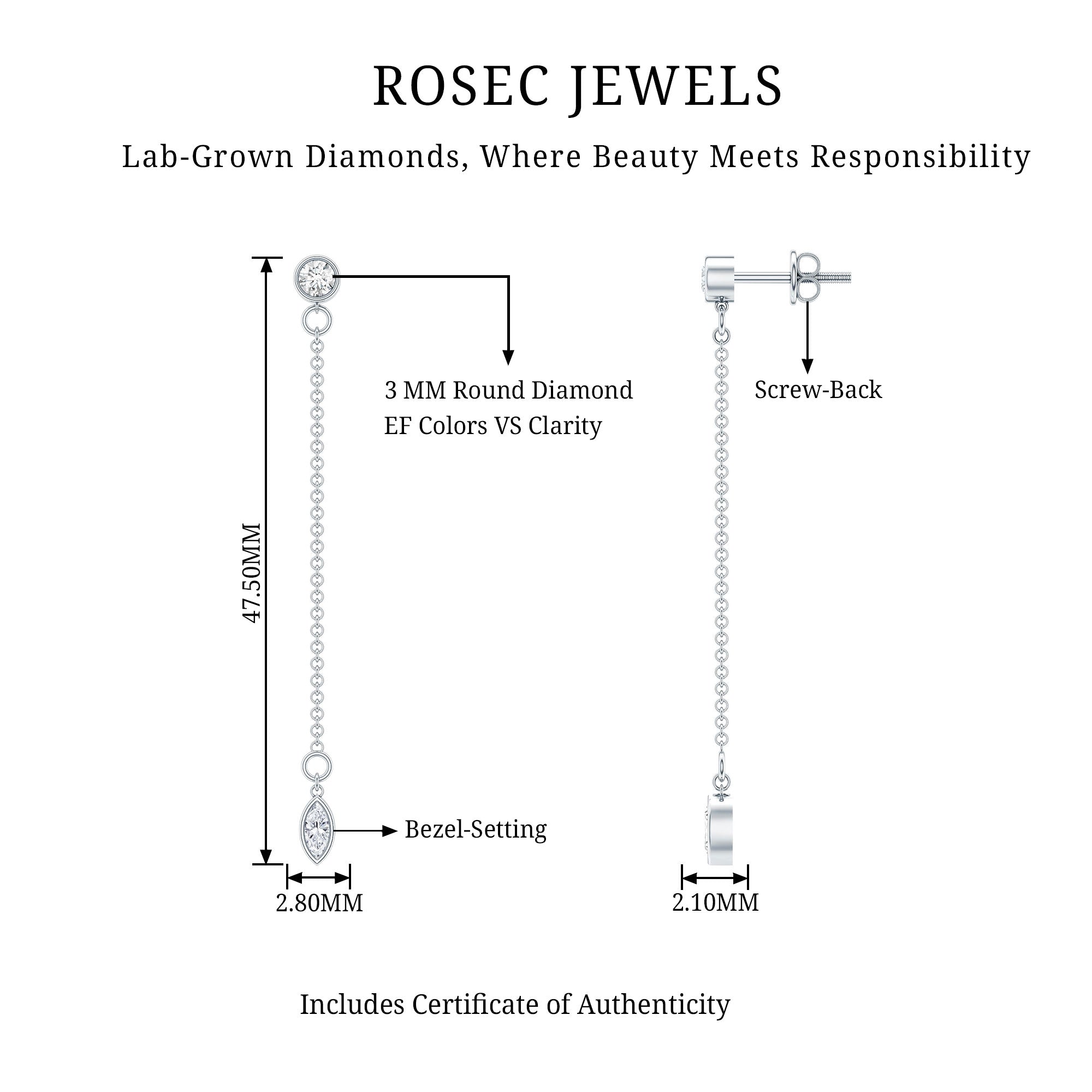 Certified Diamond Dangle Chain Earrings in Bezel Setting Lab - ( EF-VS ) - Rosec Jewels