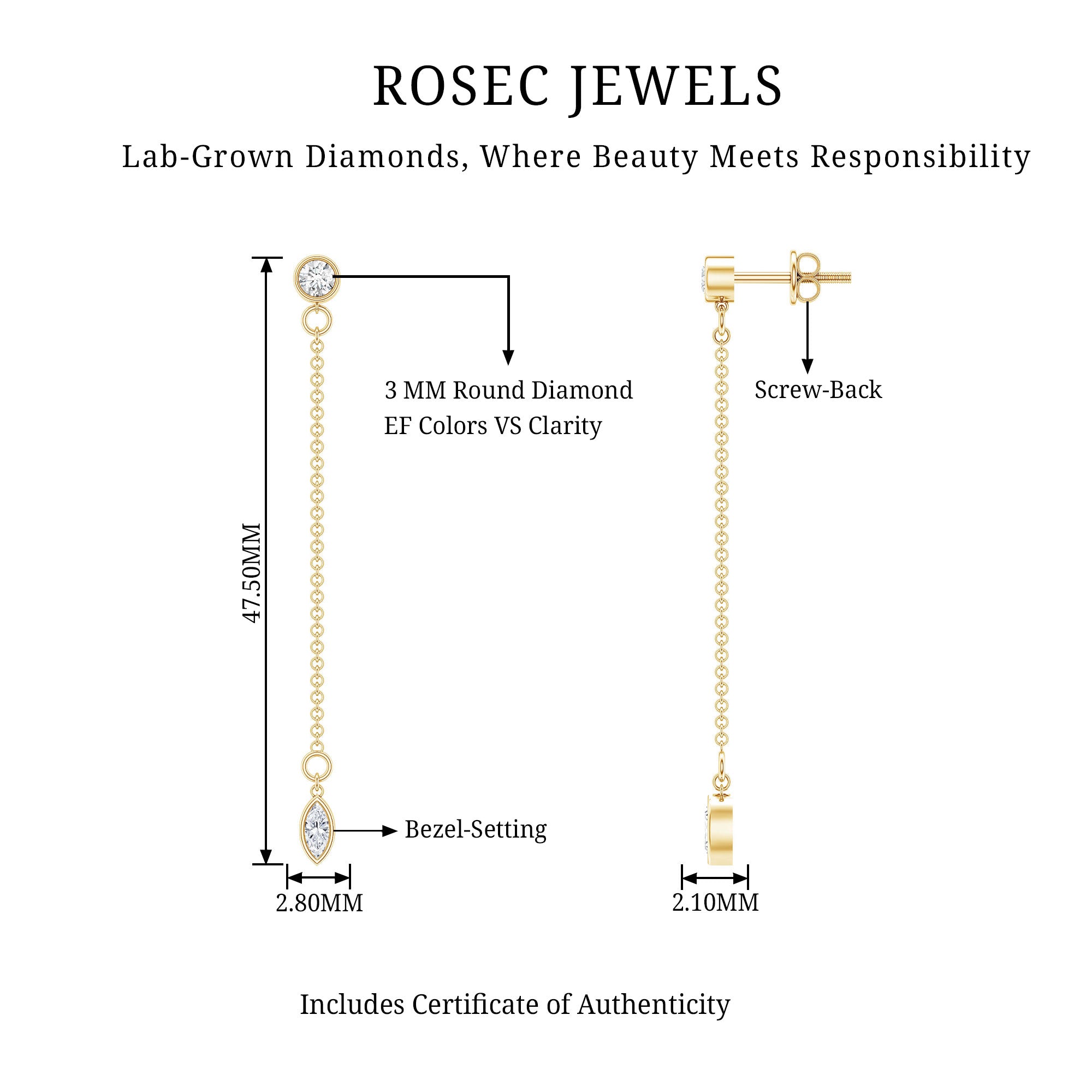 Certified Diamond Dangle Chain Earrings in Bezel Setting Lab - ( EF-VS ) - Rosec Jewels