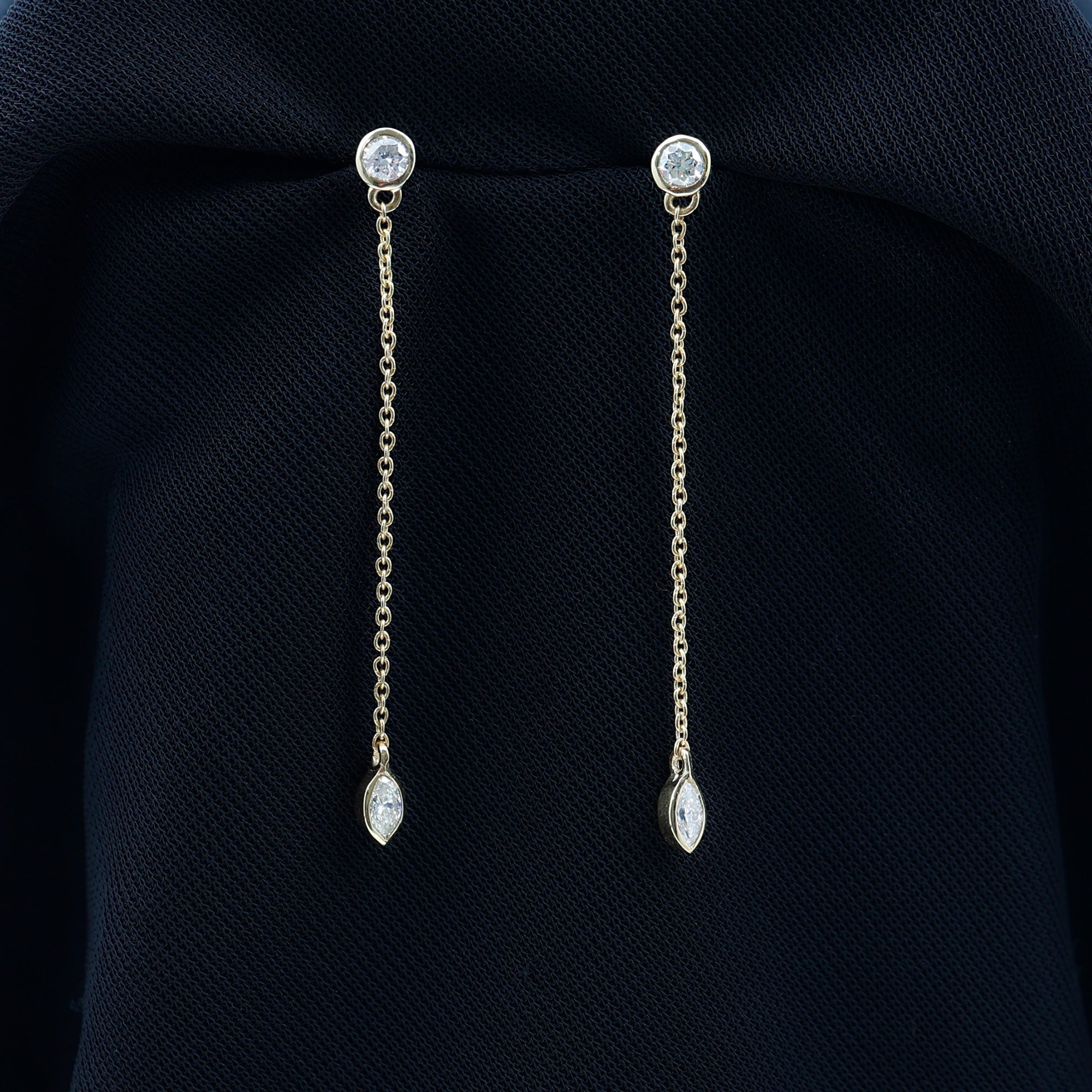 Rosec Jewels-Marquise and Round Diamond Dangle Chain Earrings in Bezel Setting