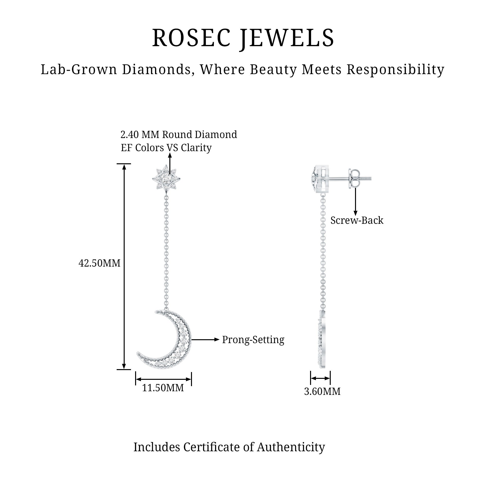 Certified Diamond Star and Moon Chain Earrings Lab - ( EF-VS ) - Rosec Jewels