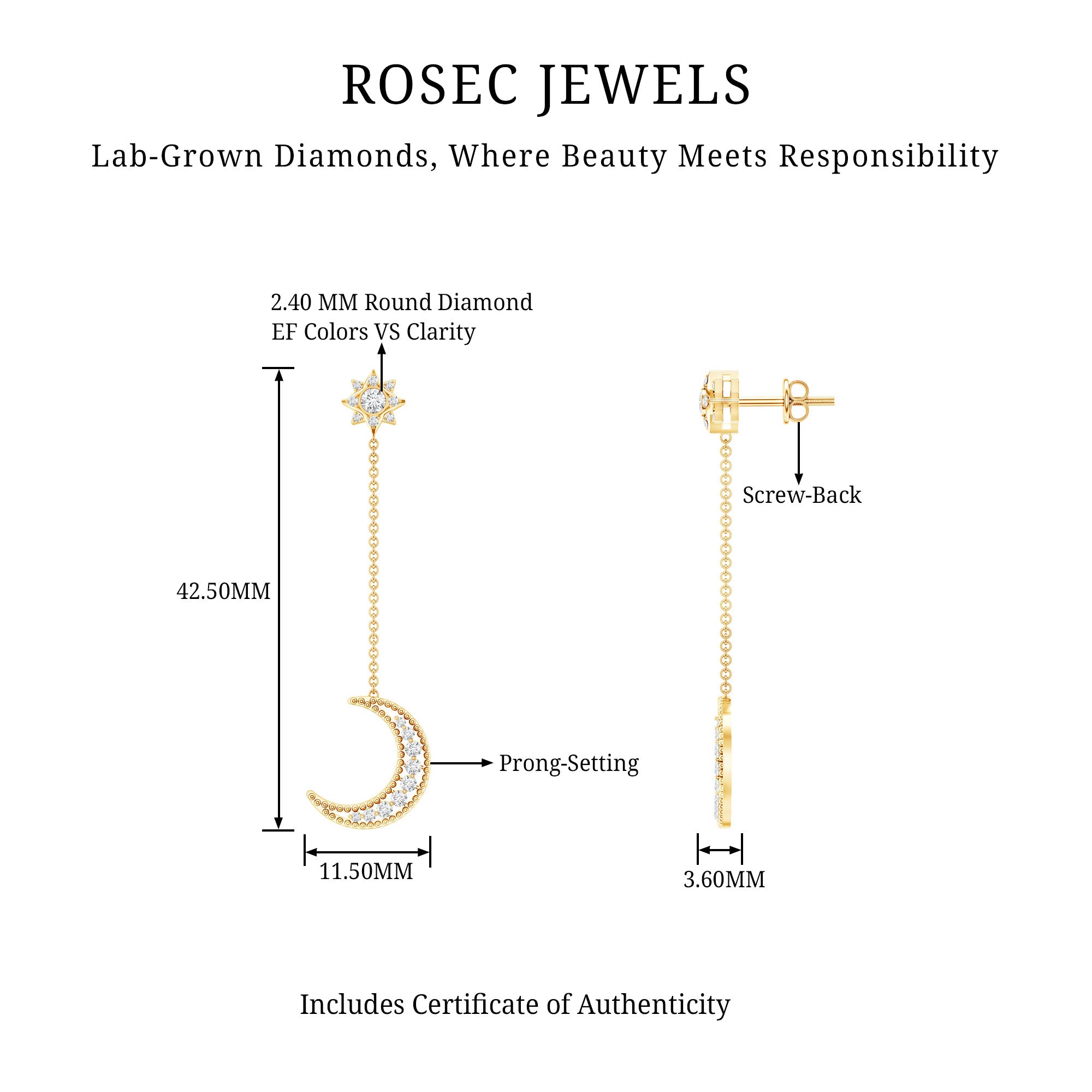 Certified Diamond Star and Moon Chain Earrings Lab - ( EF-VS ) - Rosec Jewels