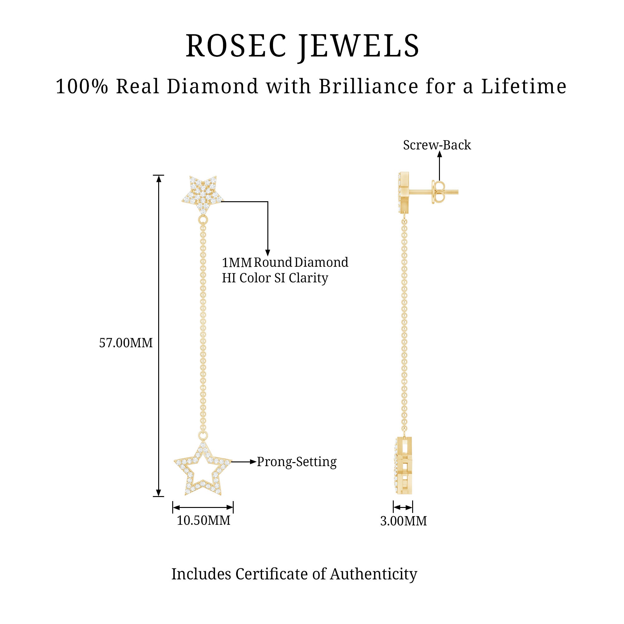 Certified Diamond Star Chain Earrings Lab - ( EF-VS ) - Rosec Jewels