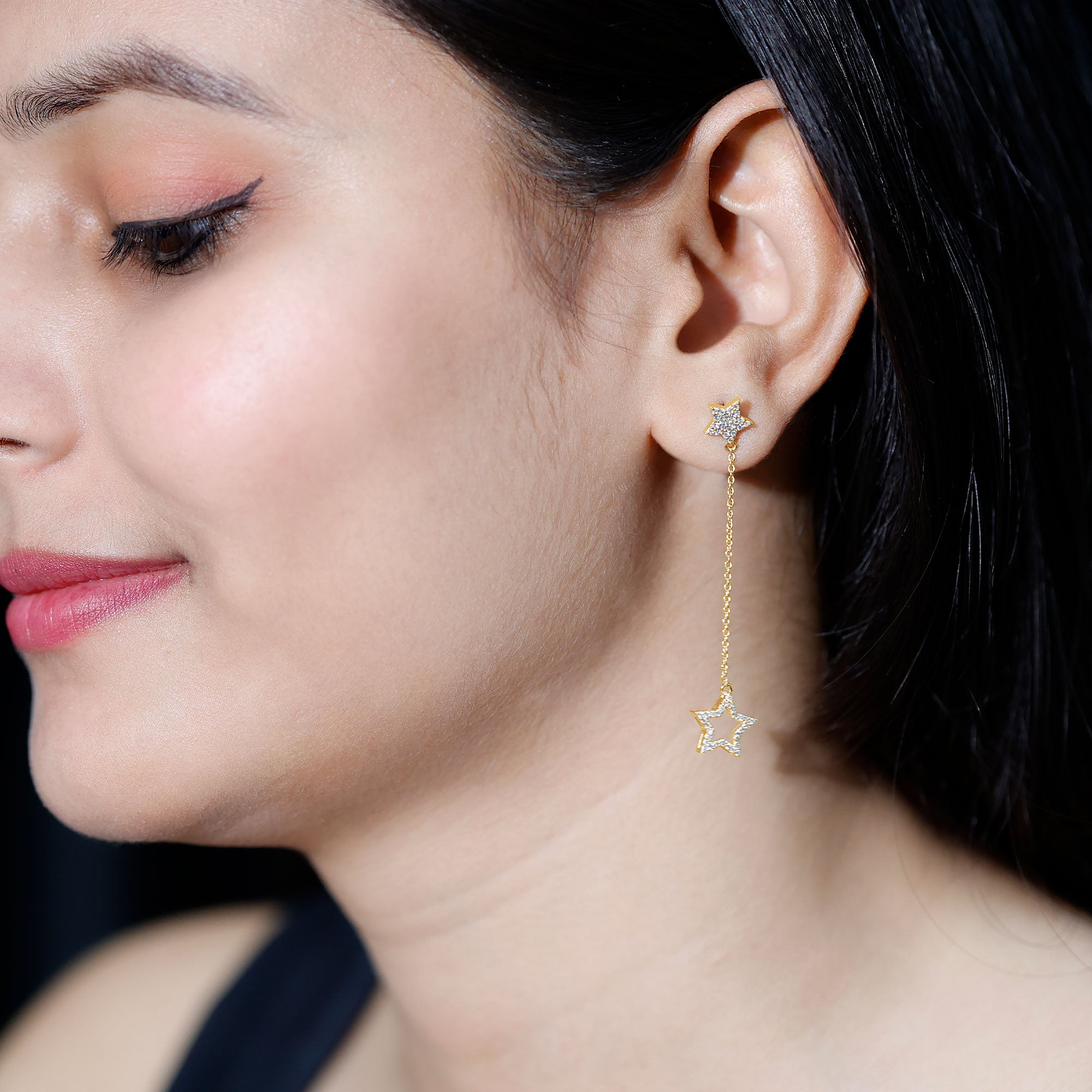 Certified Diamond Star Chain Earrings Lab - ( EF-VS ) - Rosec Jewels
