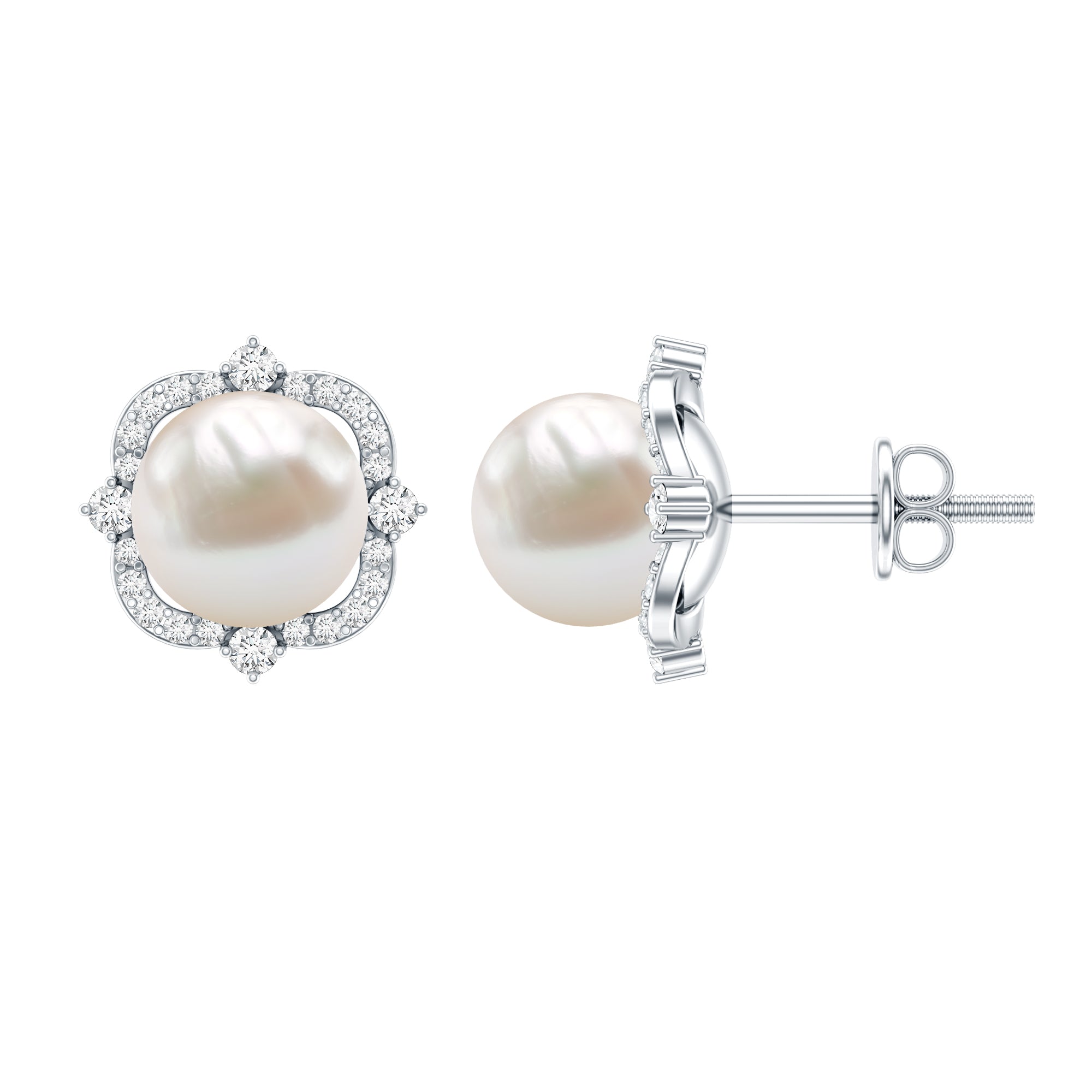Cultured Pearl Stud Earrings With Diamond AAA - Rosec Jewels