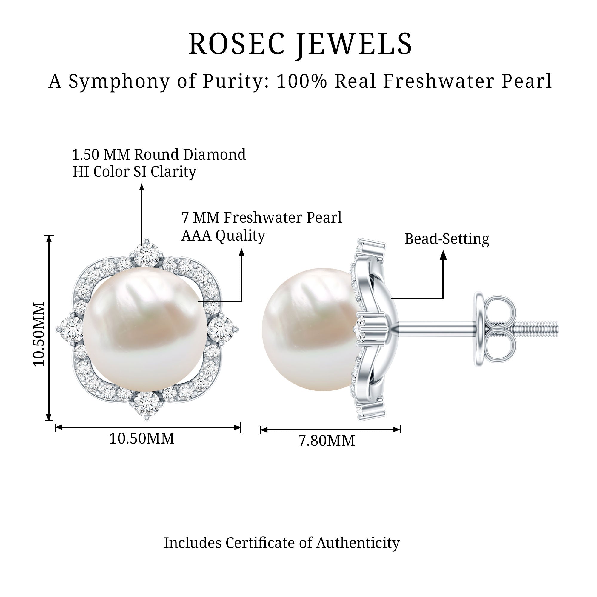 Cultured Pearl Stud Earrings With Diamond AAA - Rosec Jewels