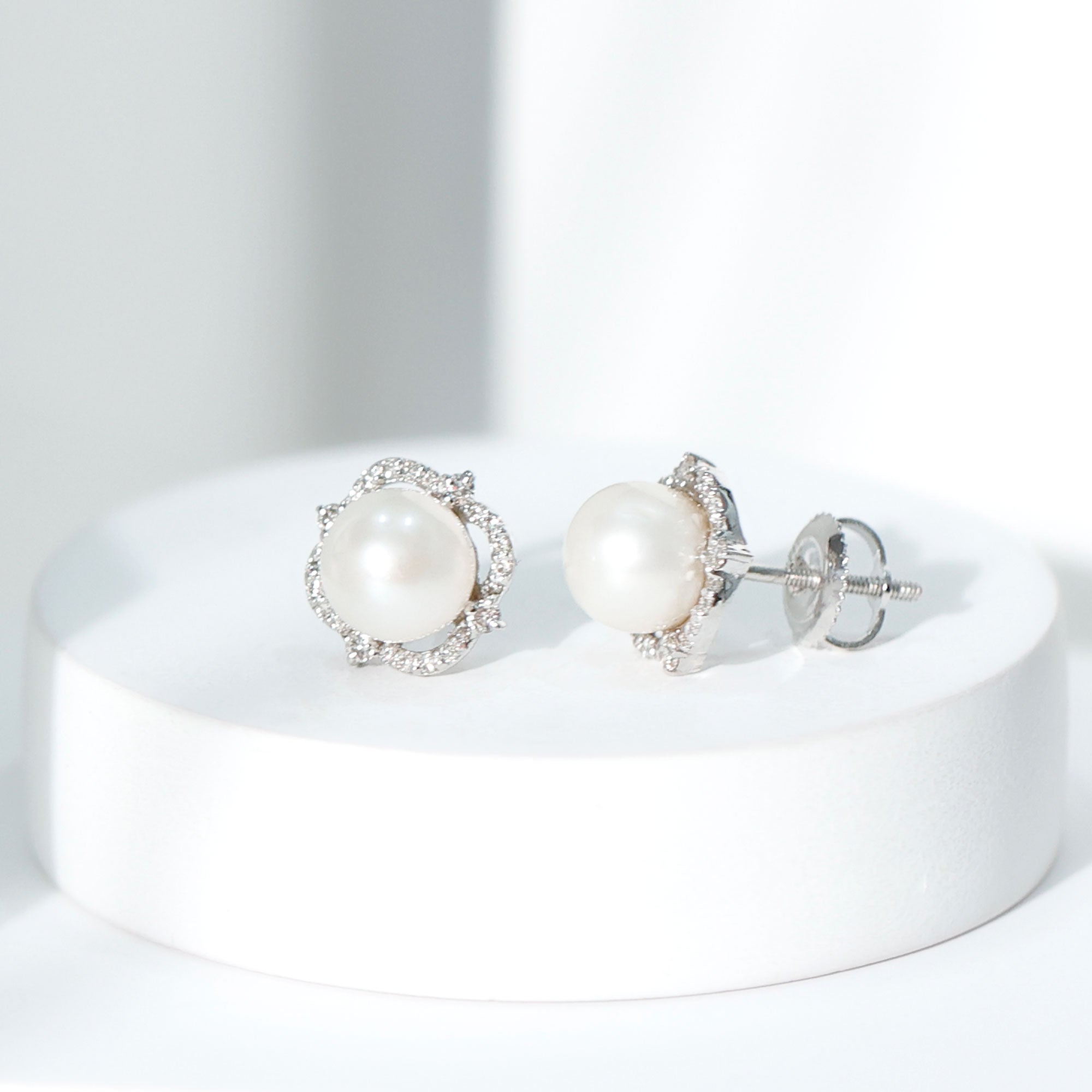 Cultured Pearl Stud Earrings With Diamond AAA - Rosec Jewels