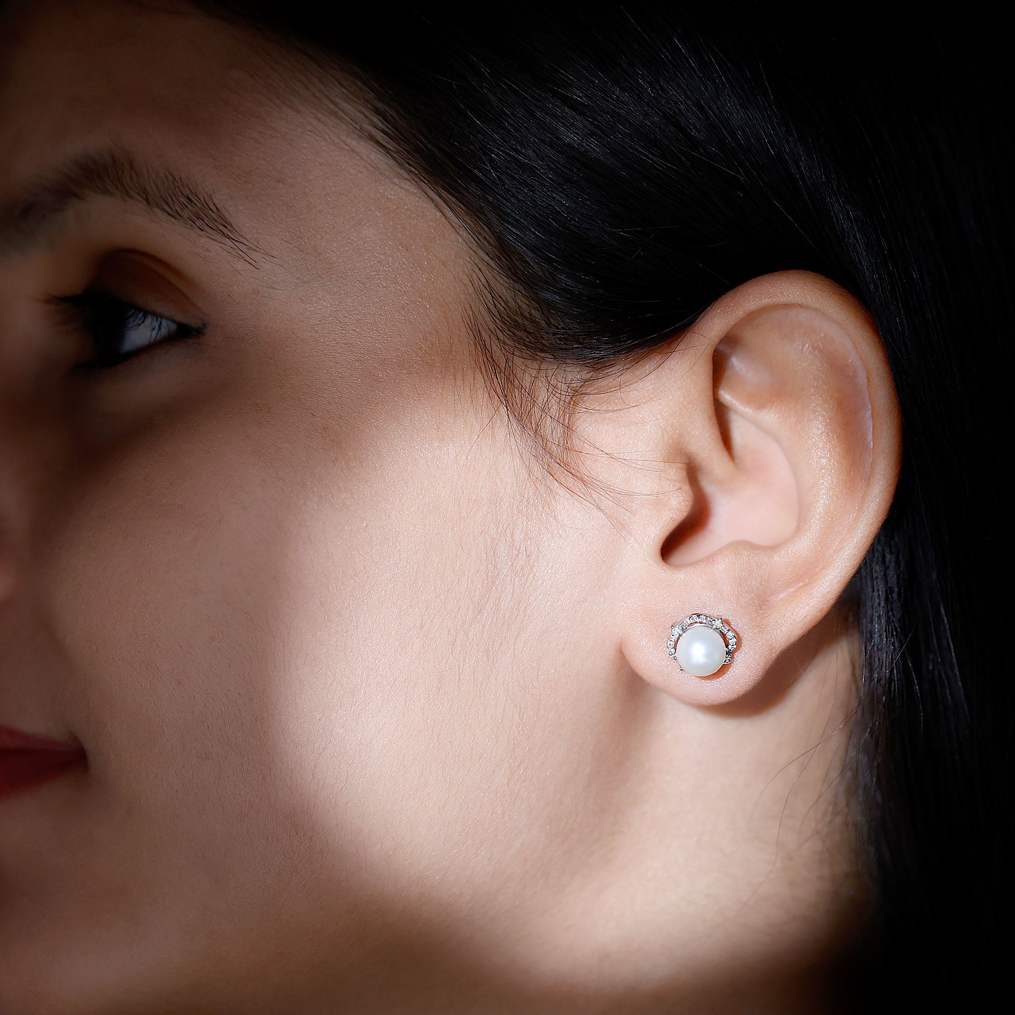 Cultured Pearl Stud Earrings With Diamond AAA - Rosec Jewels