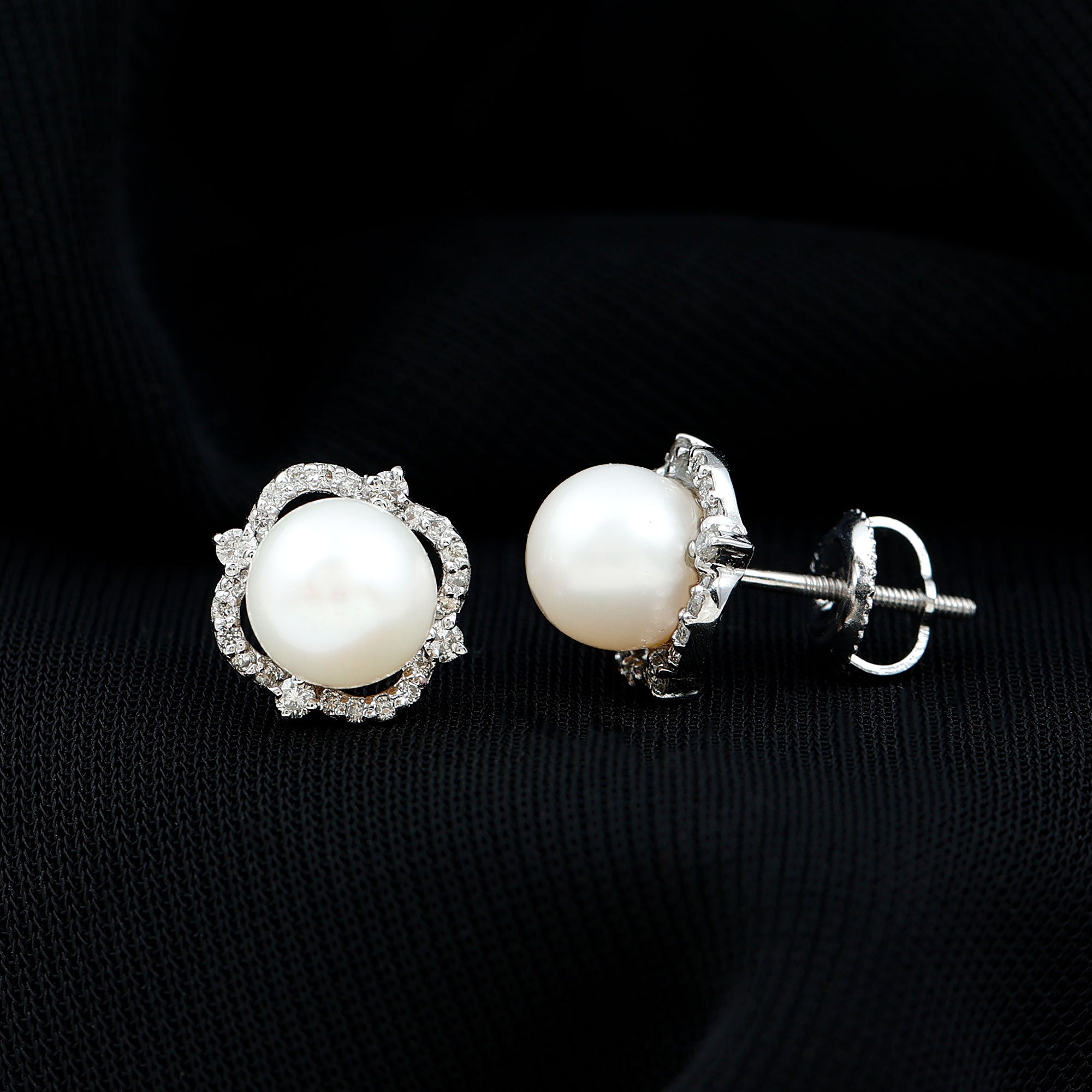 Cultured Pearl Stud Earrings With Diamond AAA - Rosec Jewels