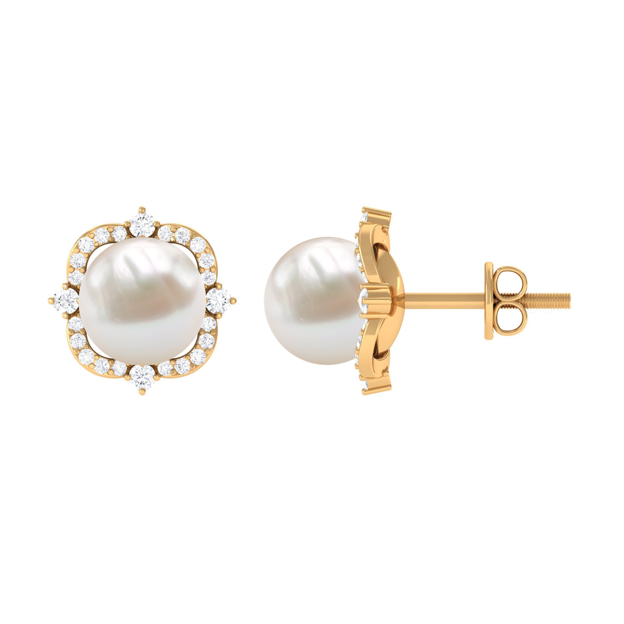 Cultured Pearl Stud Earrings With Diamond AAA - Rosec Jewels
