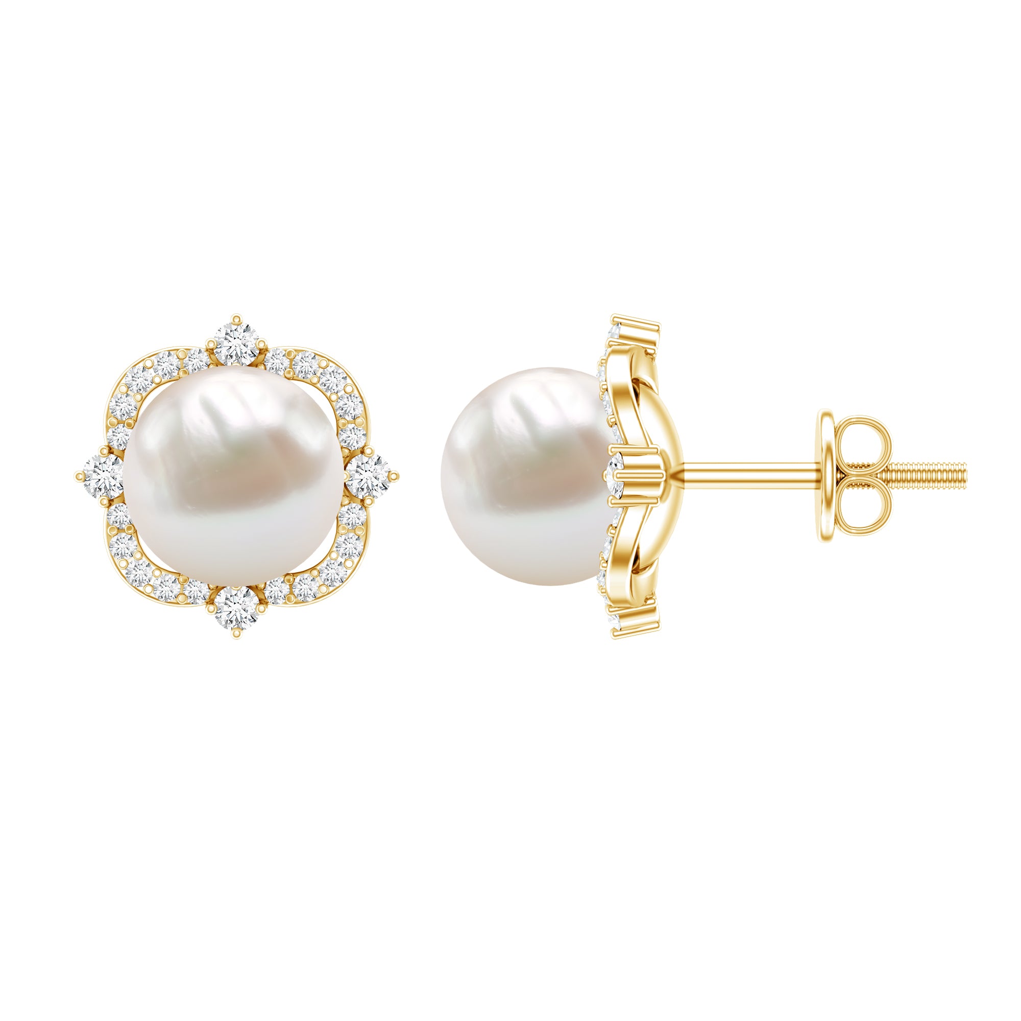 Cultured Pearl Stud Earrings With Diamond AAA - Rosec Jewels