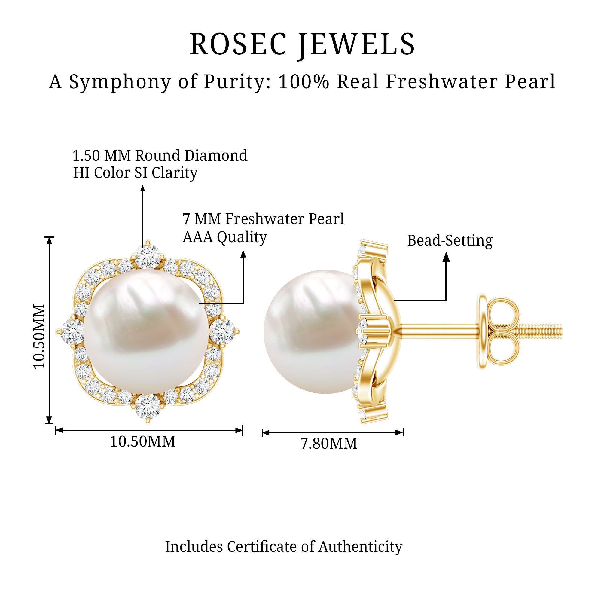 Cultured Pearl Stud Earrings With Diamond AAA - Rosec Jewels