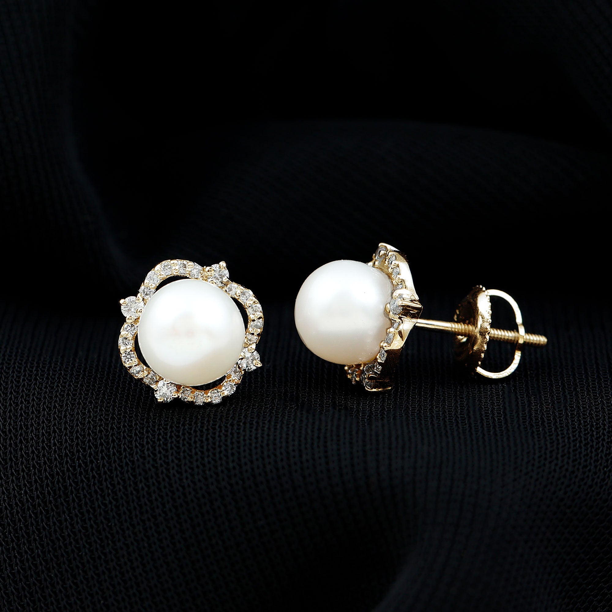 Cultured Pearl Stud Earrings With Diamond AAA - Rosec Jewels