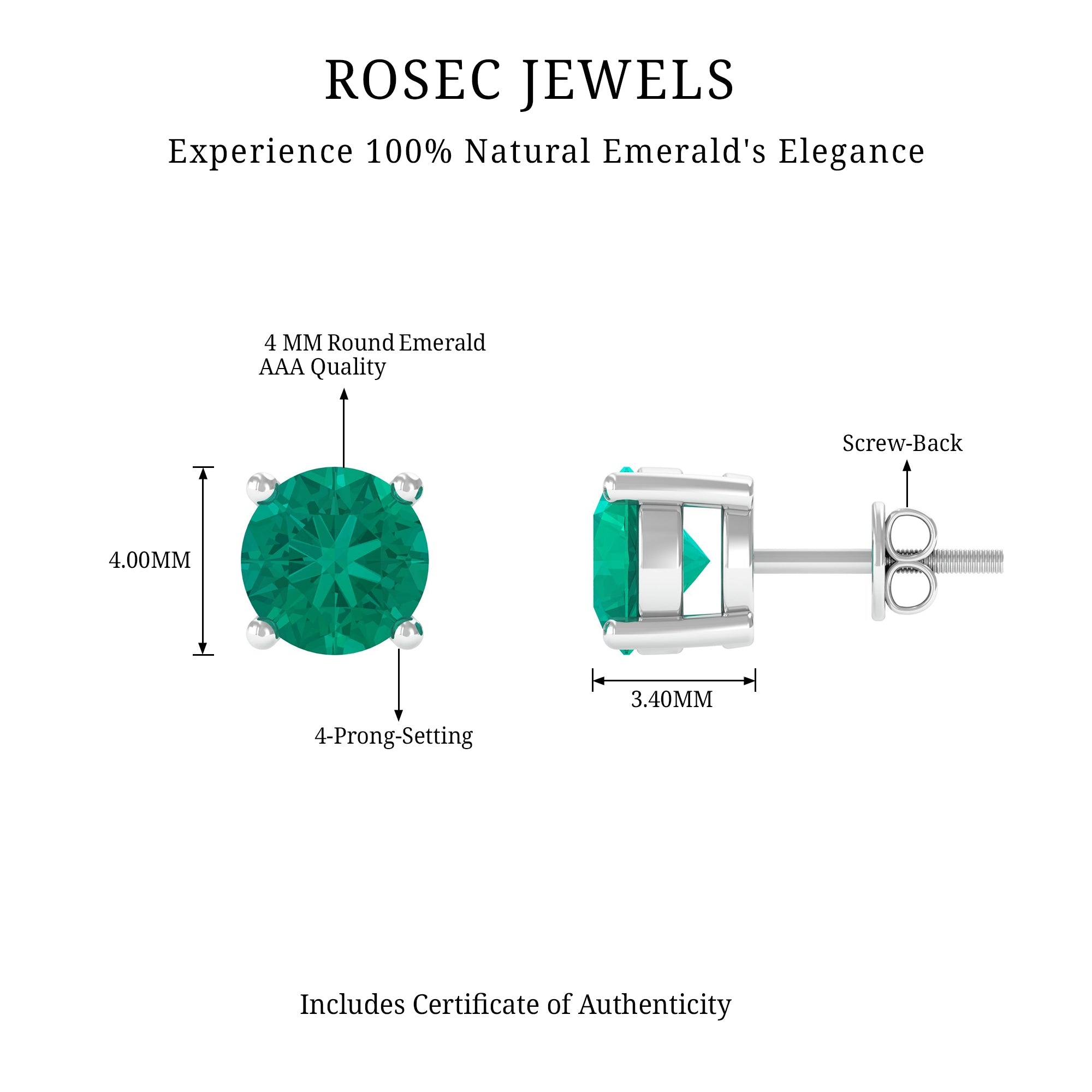 Round Cut 5 MM Real Emerald Stud Earrings AAA - Rosec Jewels