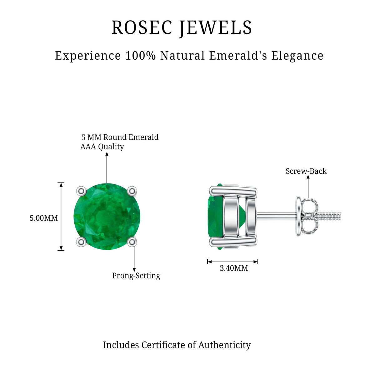 Round Cut 5 MM Real Emerald Stud Earrings AAA - Rosec Jewels