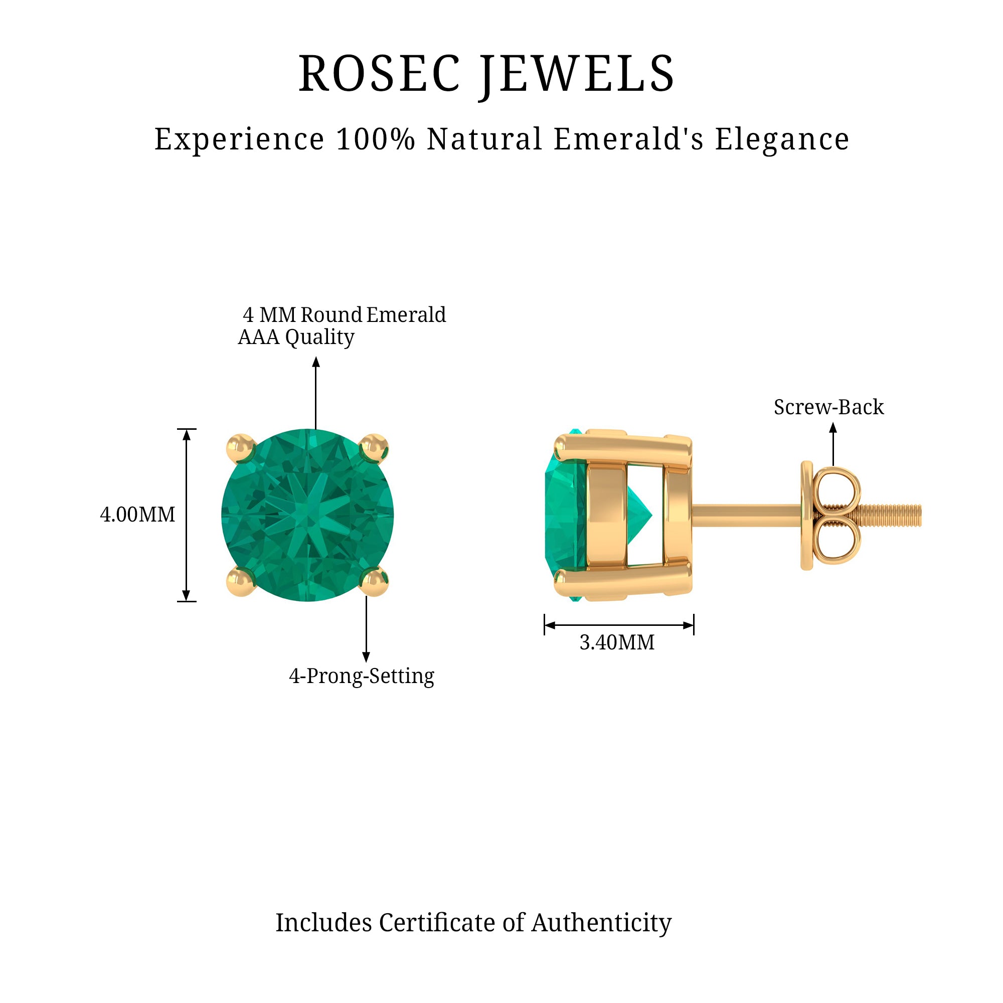 Round Cut 5 MM Real Emerald Stud Earrings AAA - Rosec Jewels