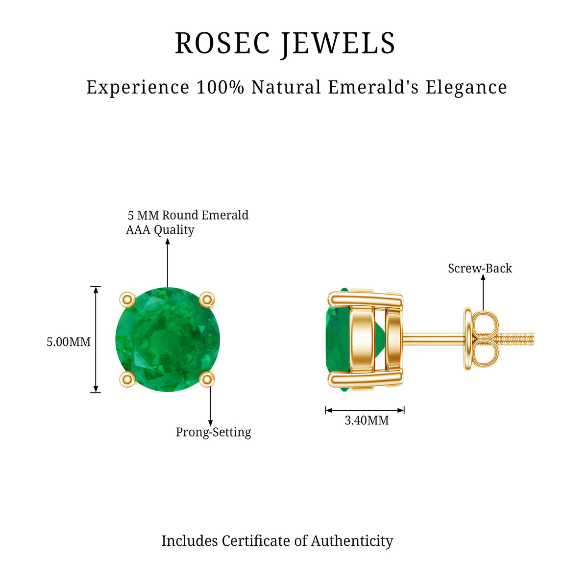 Round Cut 5 MM Real Emerald Stud Earrings AAA - Rosec Jewels