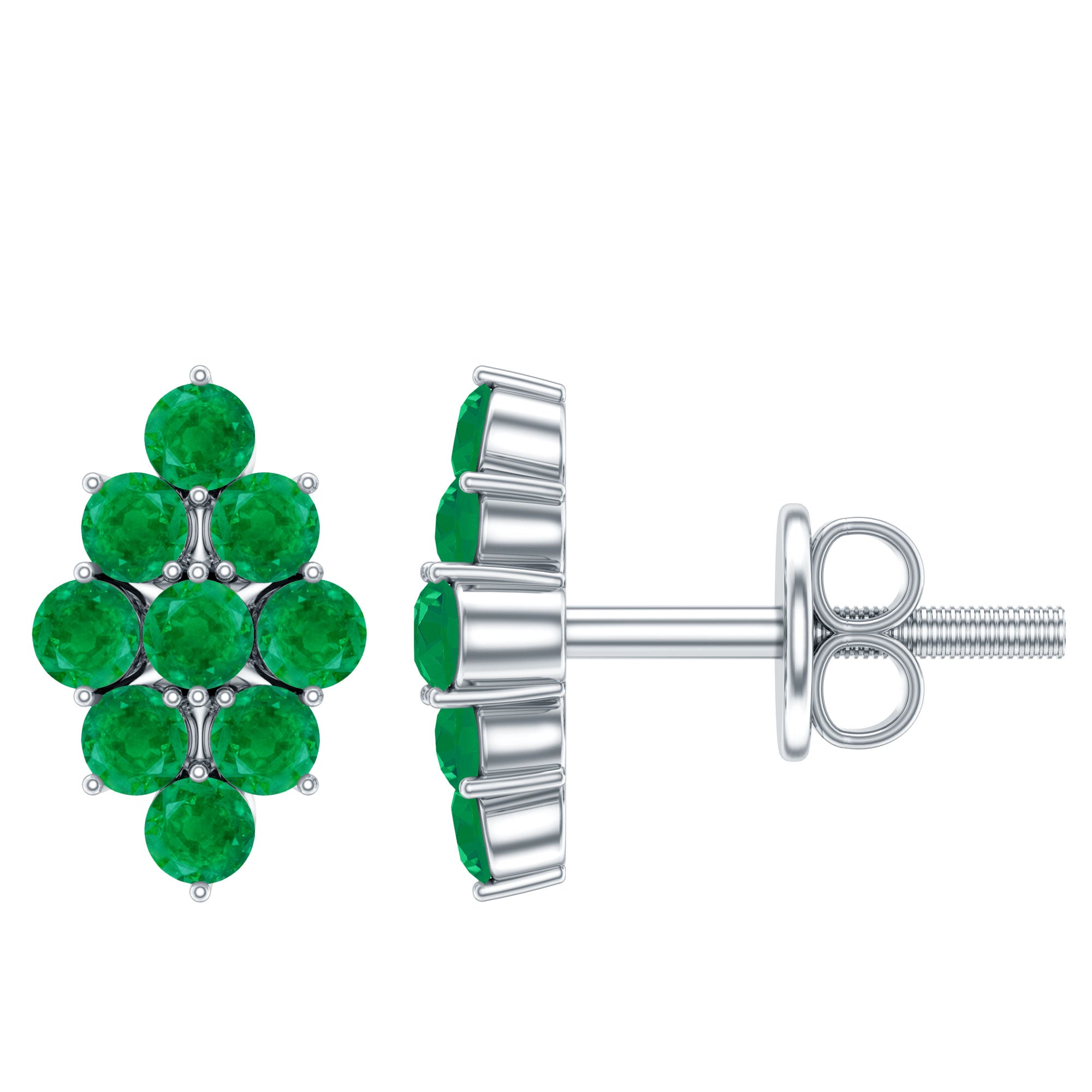 Natural Round Emerald Cluster Stud Earrings With Screw Back AAA - Rosec Jewels