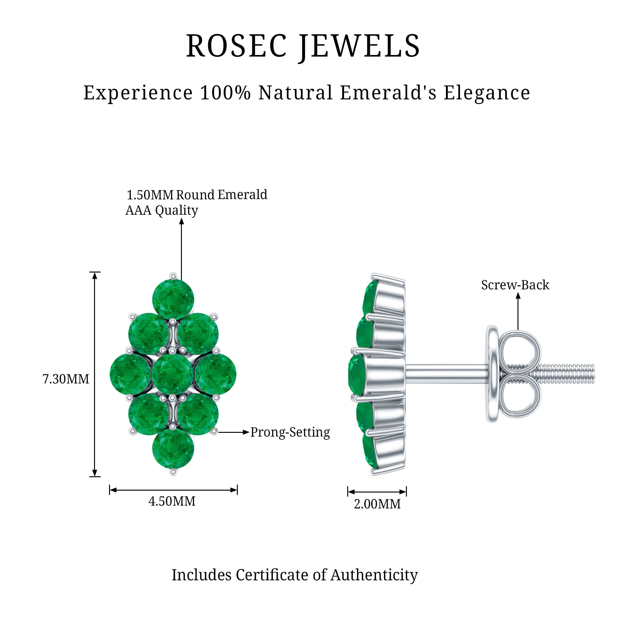 Natural Round Emerald Cluster Stud Earrings With Screw Back AAA - Rosec Jewels