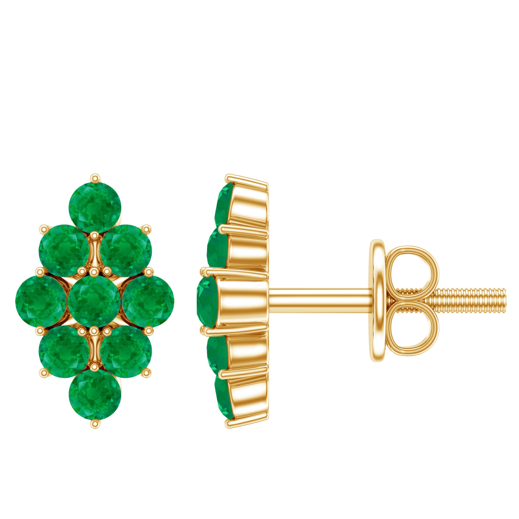 Natural Round Emerald Cluster Stud Earrings With Screw Back AAA - Rosec Jewels