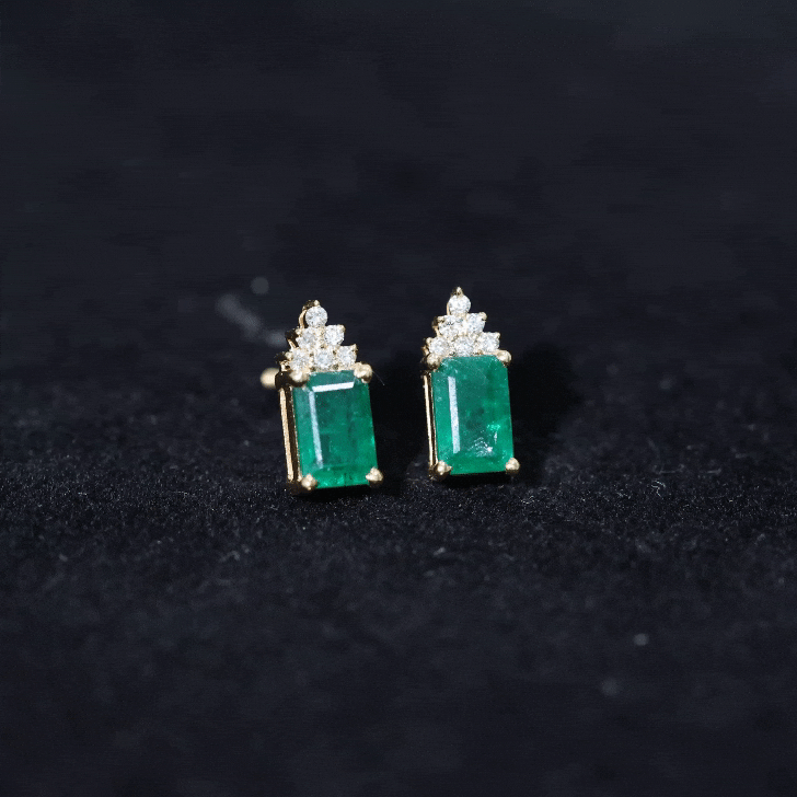 Genuine 1.32 Carat Emerald Cut Emerald Stud Earrings with Diamond Cluster AAA - Rosec Jewels