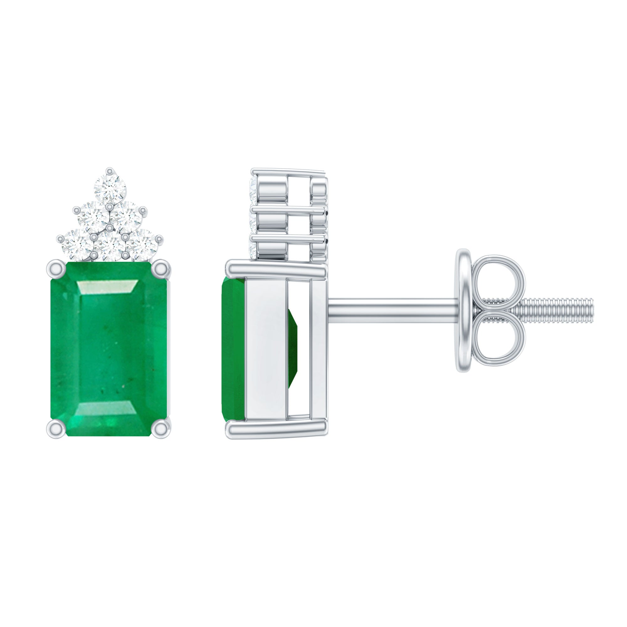 Genuine 1.32 Carat Emerald Cut Emerald Stud Earrings with Diamond Cluster AAA - Rosec Jewels