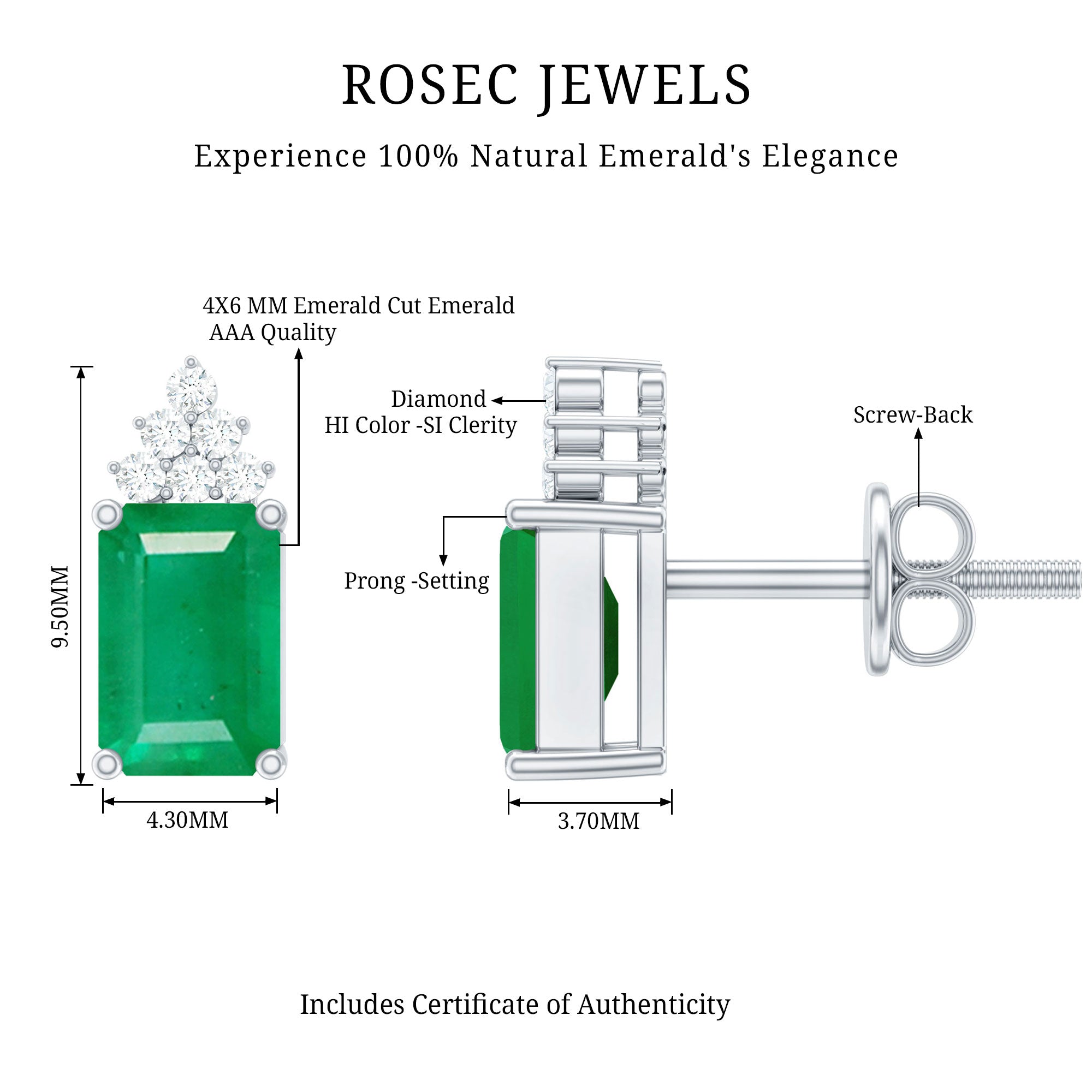 Genuine 1.32 Carat Emerald Cut Emerald Stud Earrings with Diamond Cluster AAA - Rosec Jewels