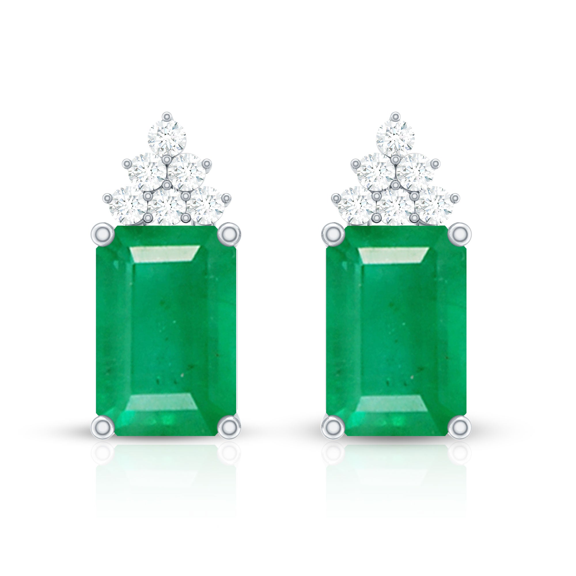 Genuine 1.32 Carat Emerald Cut Emerald Stud Earrings with Diamond Cluster AAA - Rosec Jewels