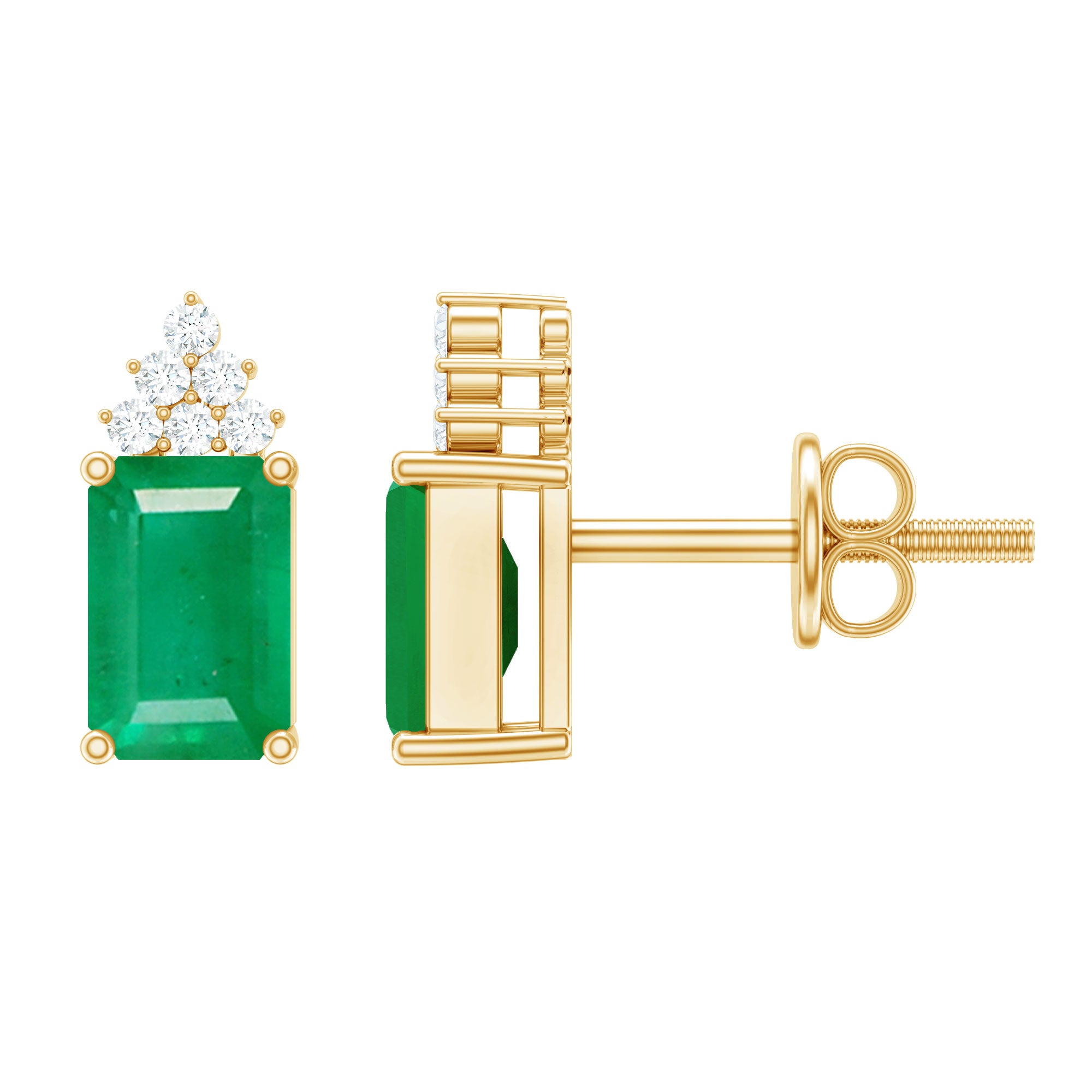 Genuine 1.32 Carat Emerald Cut Emerald Stud Earrings with Diamond Cluster AAA - Rosec Jewels