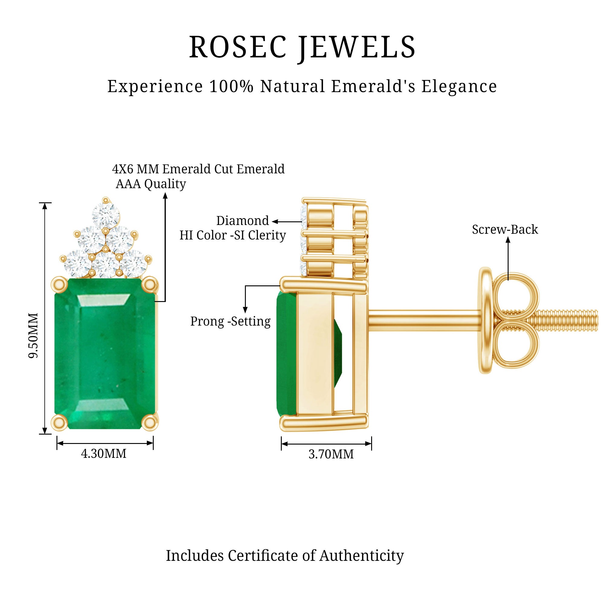 Genuine 1.32 Carat Emerald Cut Emerald Stud Earrings with Diamond Cluster AAA - Rosec Jewels