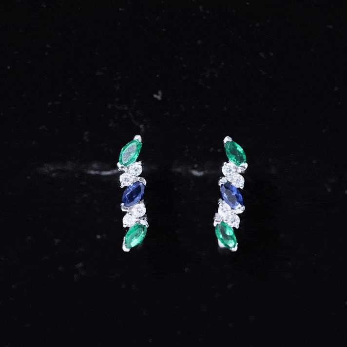 Marquise Cut Lab Created Blue Sapphire and Emerald Hoop Earrings with Moissanite AAAA - Rosec Jewels