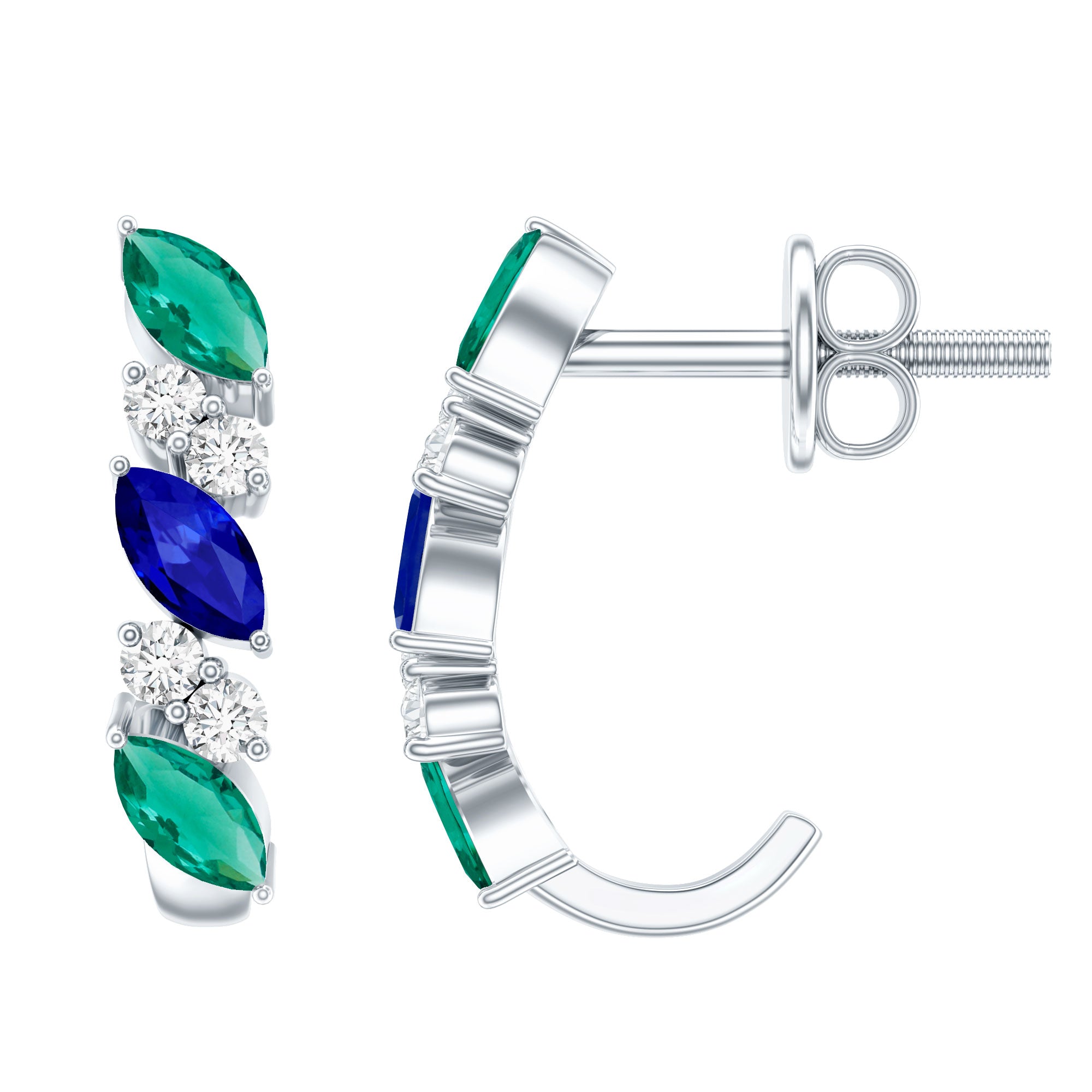 Marquise Cut Lab Created Blue Sapphire and Emerald Hoop Earrings with Moissanite AAAA - Rosec Jewels