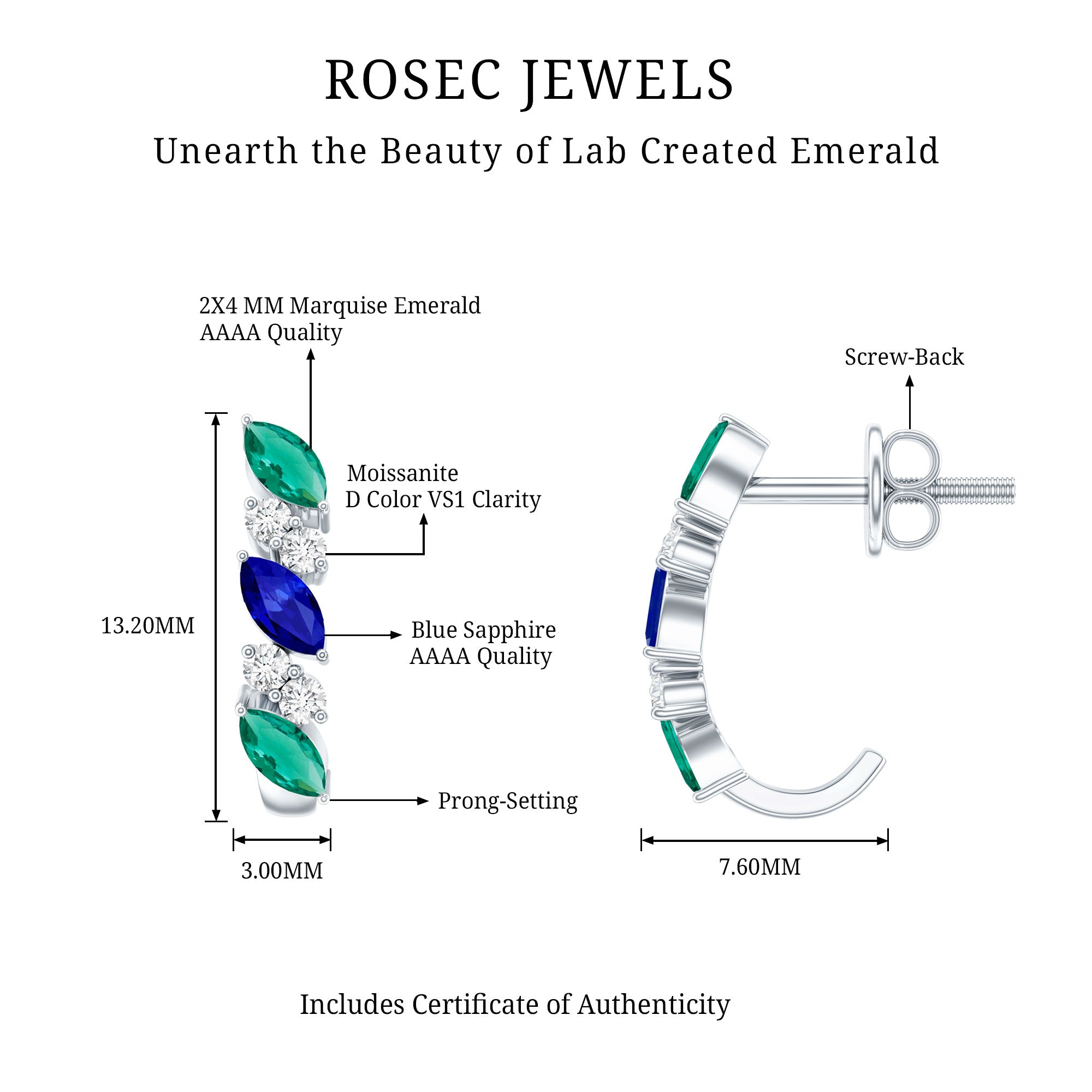 Marquise Cut Lab Created Blue Sapphire and Emerald Hoop Earrings with Moissanite AAAA - Rosec Jewels