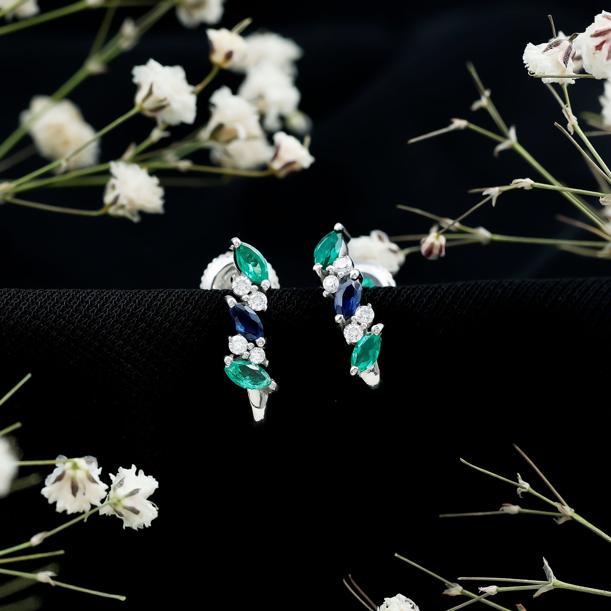 Marquise Cut Lab Created Blue Sapphire and Emerald Hoop Earrings with Moissanite AAAA - Rosec Jewels